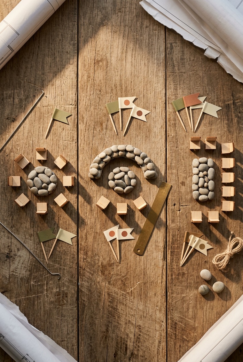 Three fire pit layout options showing circular, semicircular, and linear arrangements with measurements for different yard sizes