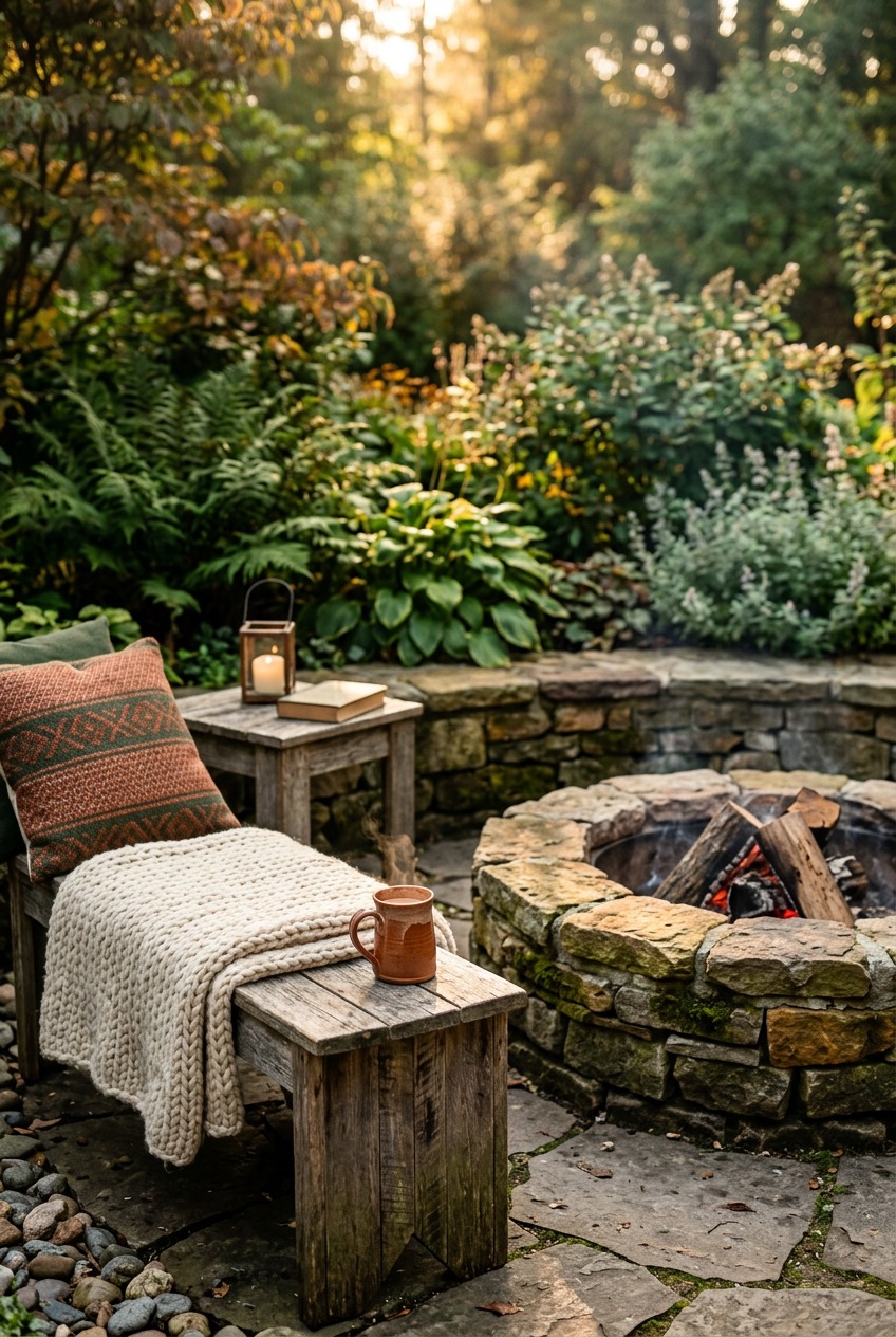 Stone fire pit with surrounding gravel pad and Adirondack chairs spaced around it at dusk