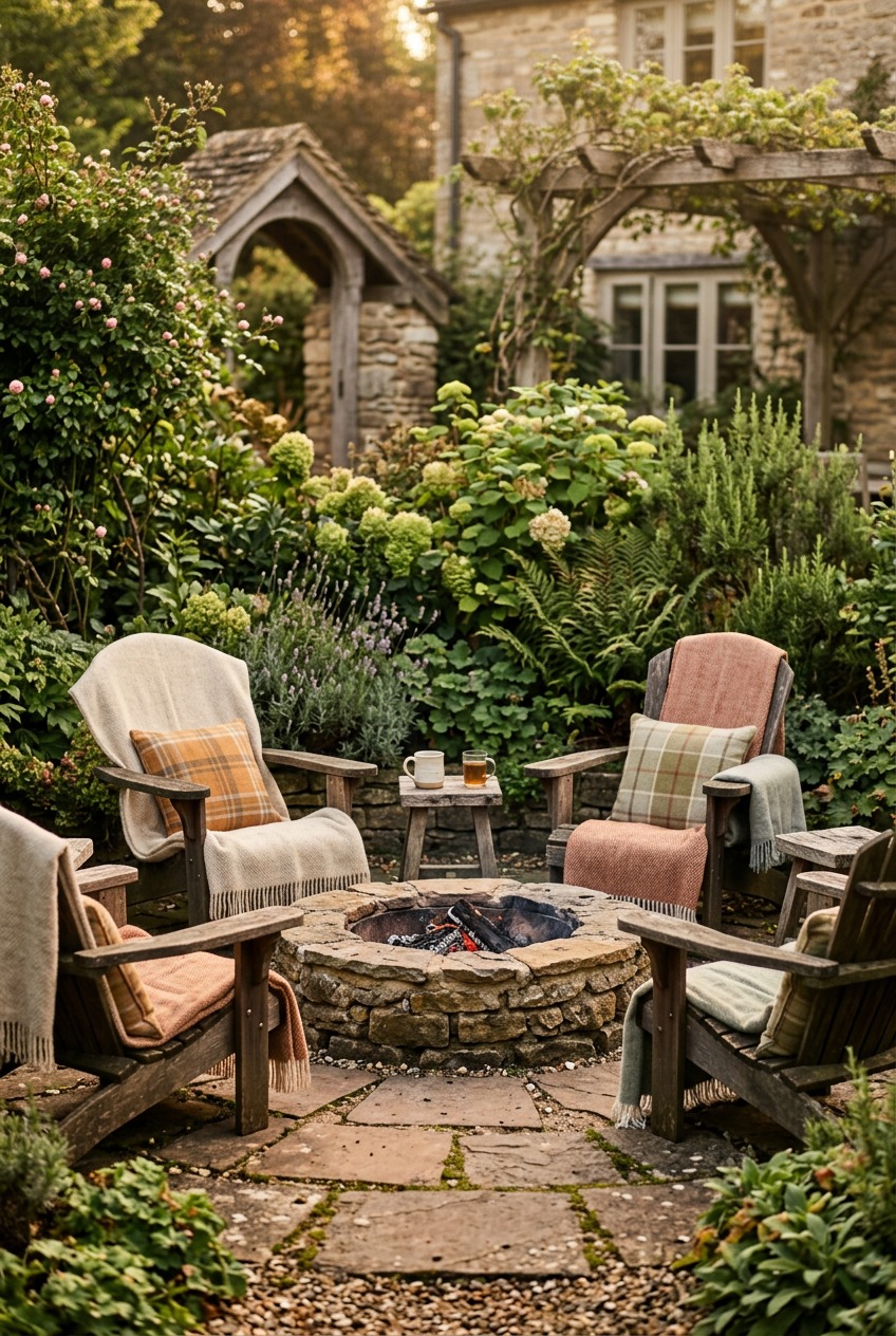 Four HDPE Adirondack chairs arranged around a steel fire pit on a gravel pad with string lights overhead
