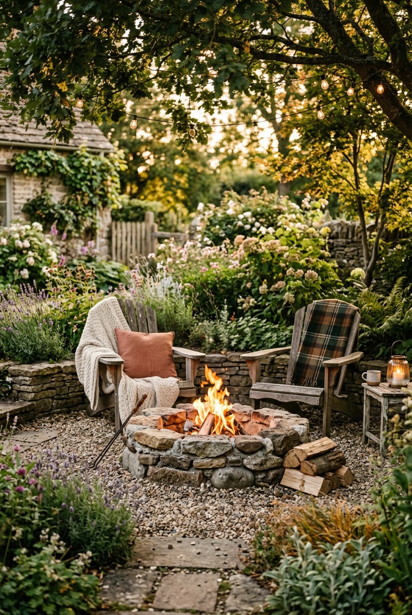 Overhead view of a gravel pad with a fire pit in the center showing proper spacing to surrounding seating and structures