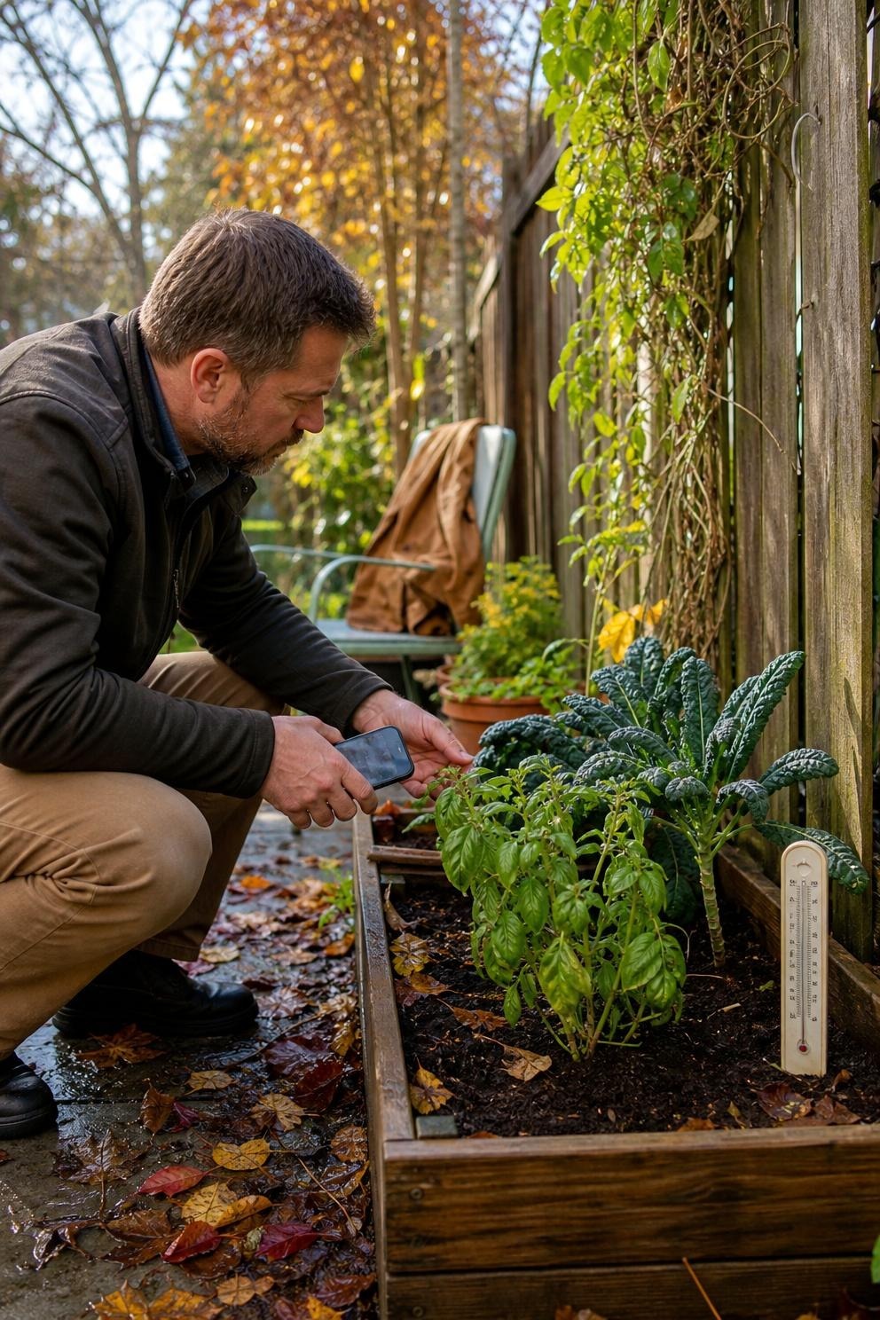 A gardener checking a small patio corner and window box before an overnight frost