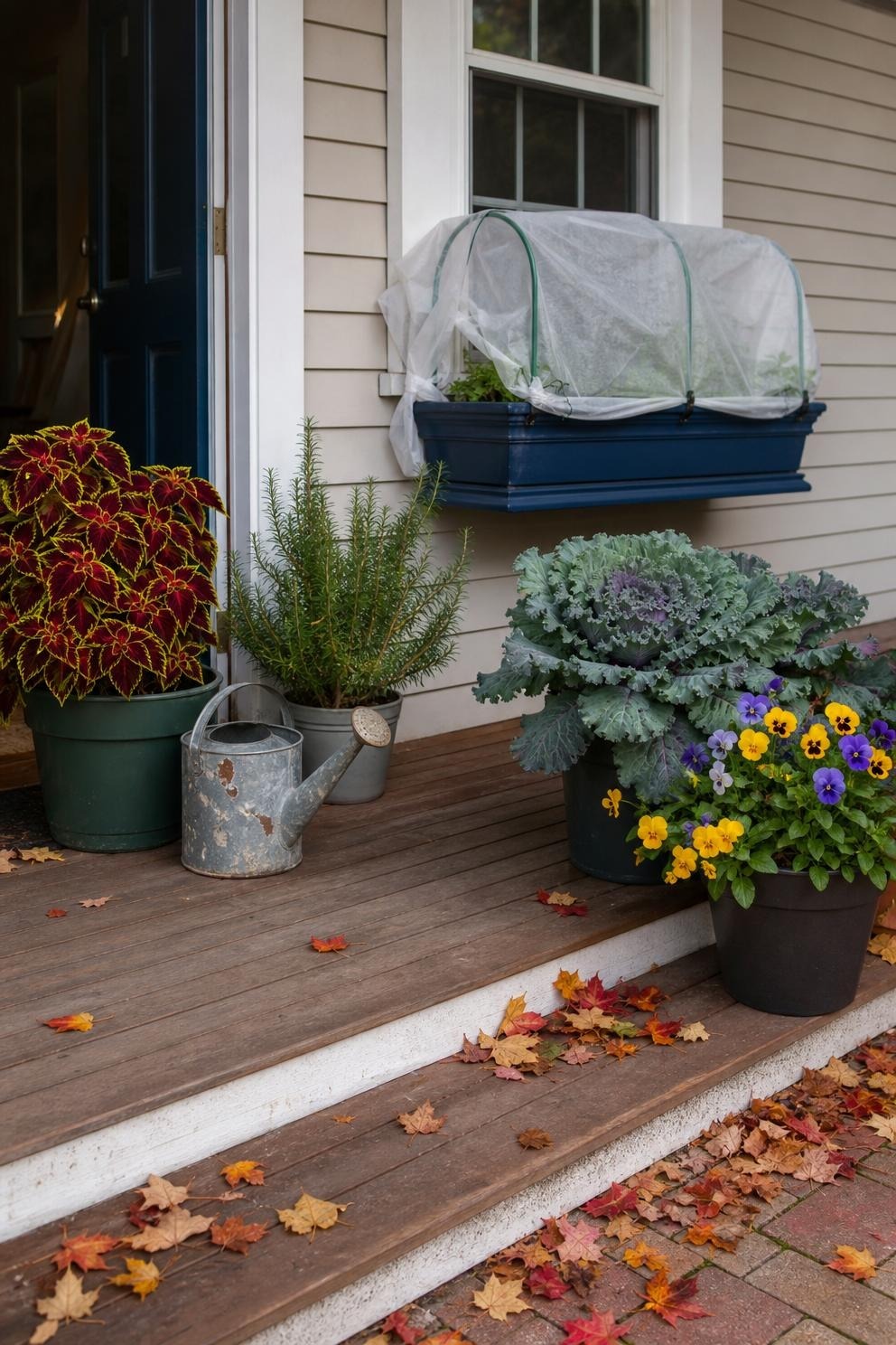 Three groups of small garden plants sorted for moving, covering, or leaving outside