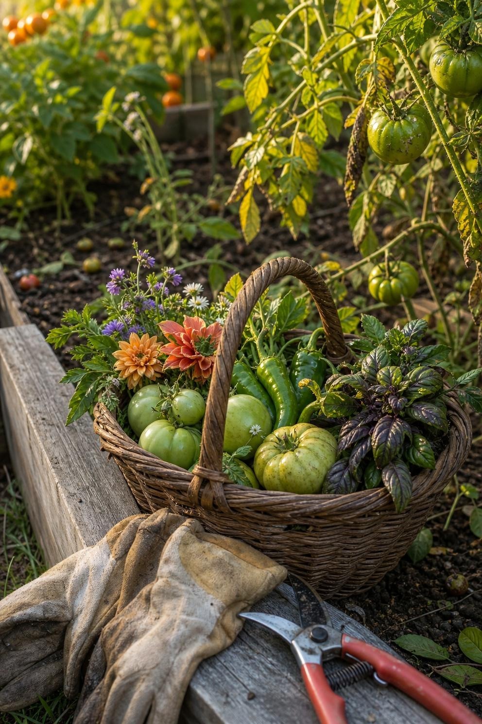 A small basket of peppers, herbs, and green tomatoes harvested before frost