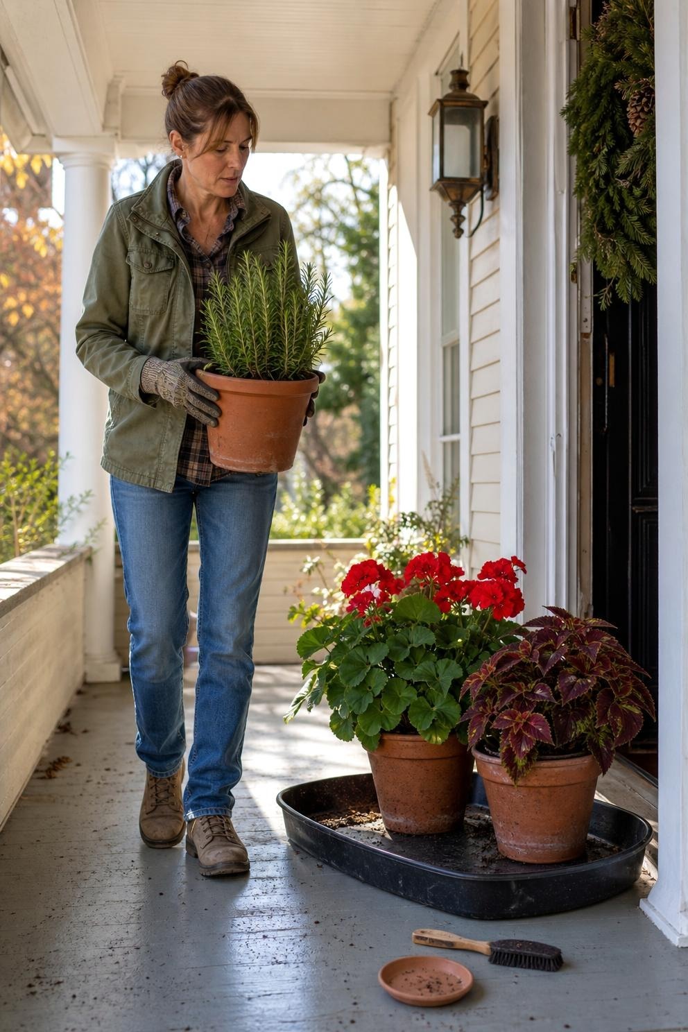 Portable herb and flower pots grouped in a sheltered bright porch corner before frost
