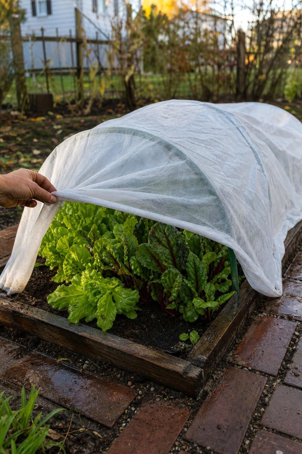 Row cover draped over hoops and secured around a compact raised garden bed