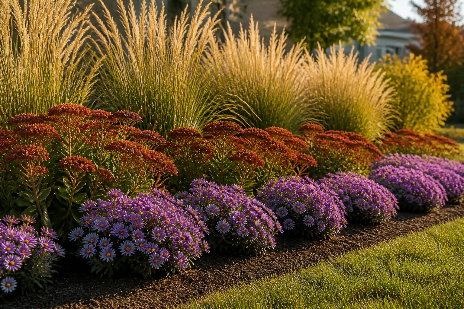 Full-sun fall perennial border with layered asters, goldenrod, and grasses