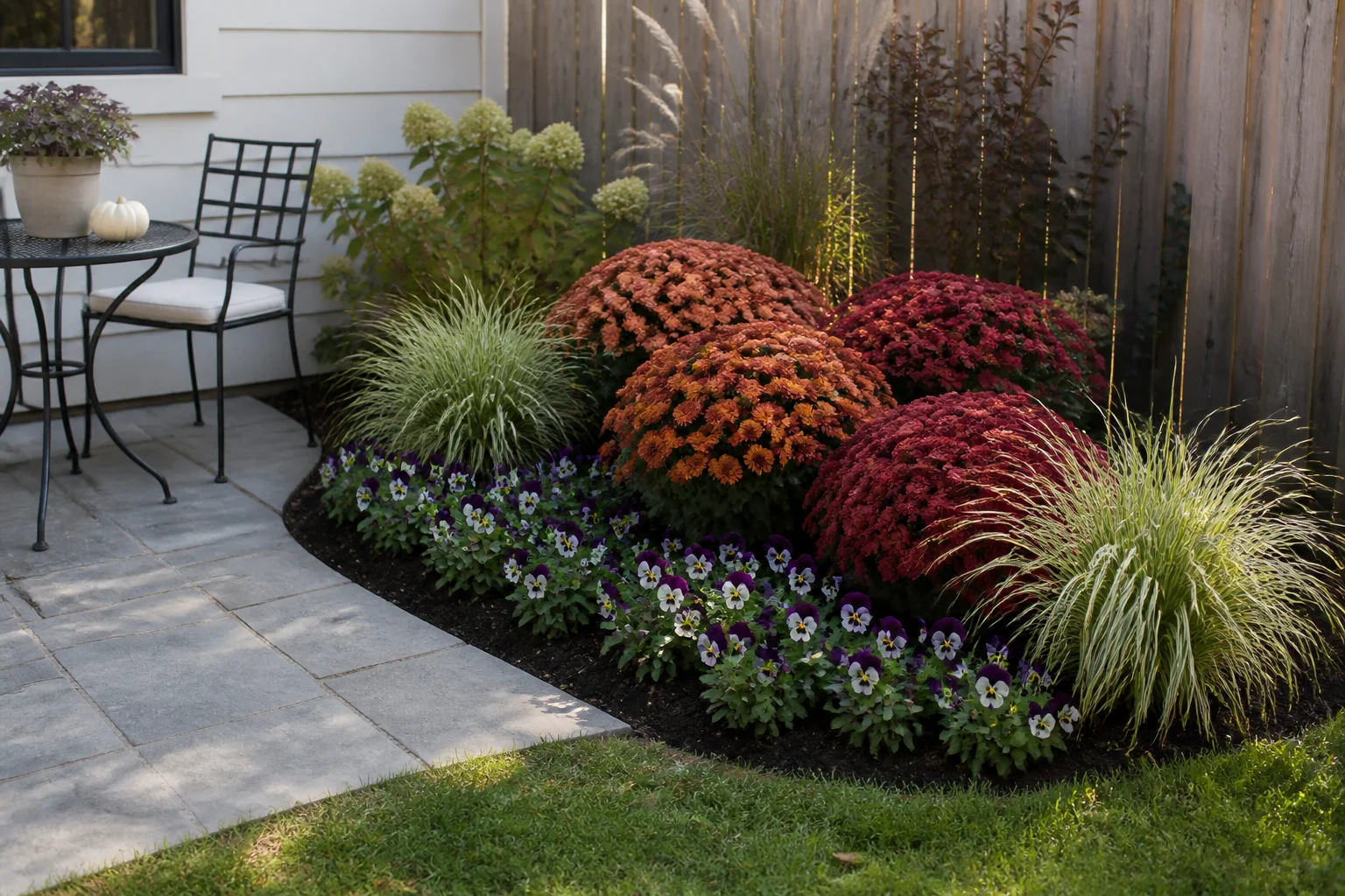 Compact layered fall flower bed designed for a small fenced yard