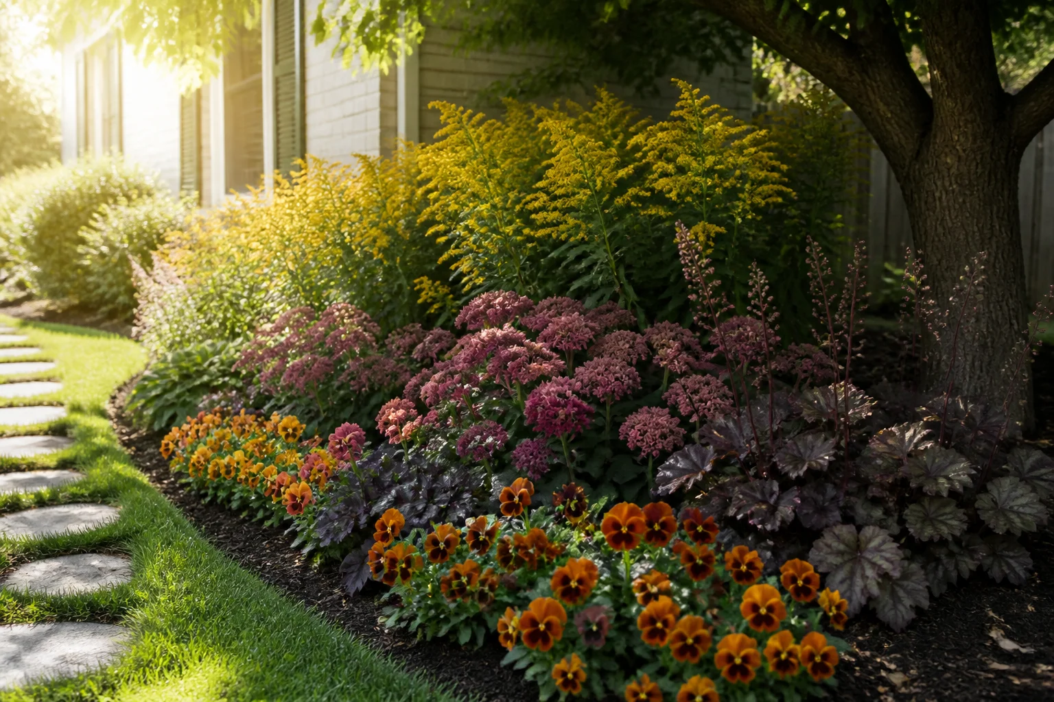 Mixed-light flower bed transitioning from sun-loving plants to shade foliage