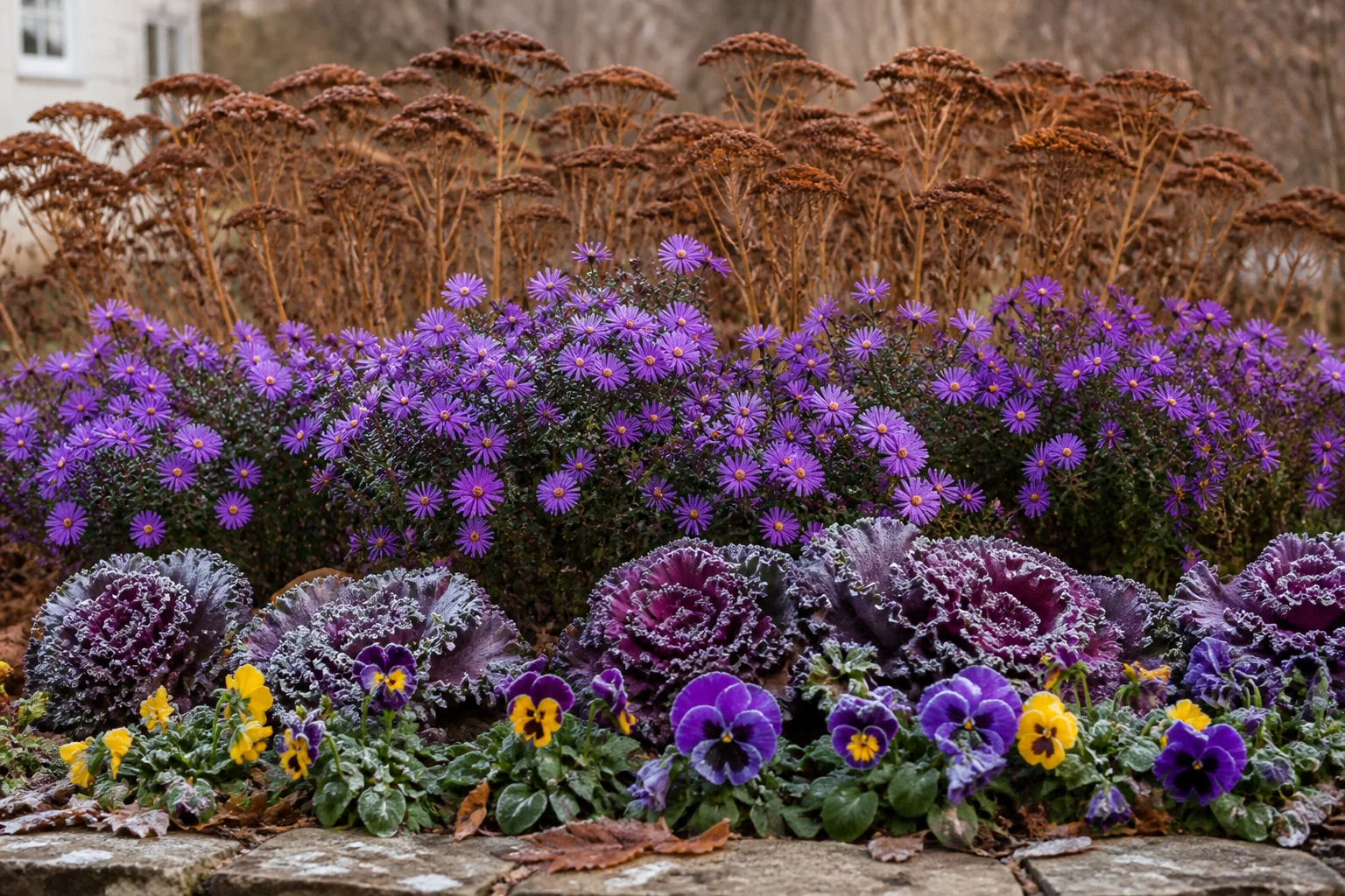 Fall succession bed combining flowers, colorful foliage, grasses, and seed heads