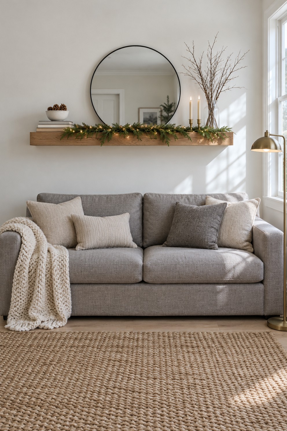 Small apartment living room with a floating oak shelf above a gray sofa styled like a mantel with a round mirror, a vase of bare branches, flameless candles and a thin cedar garland