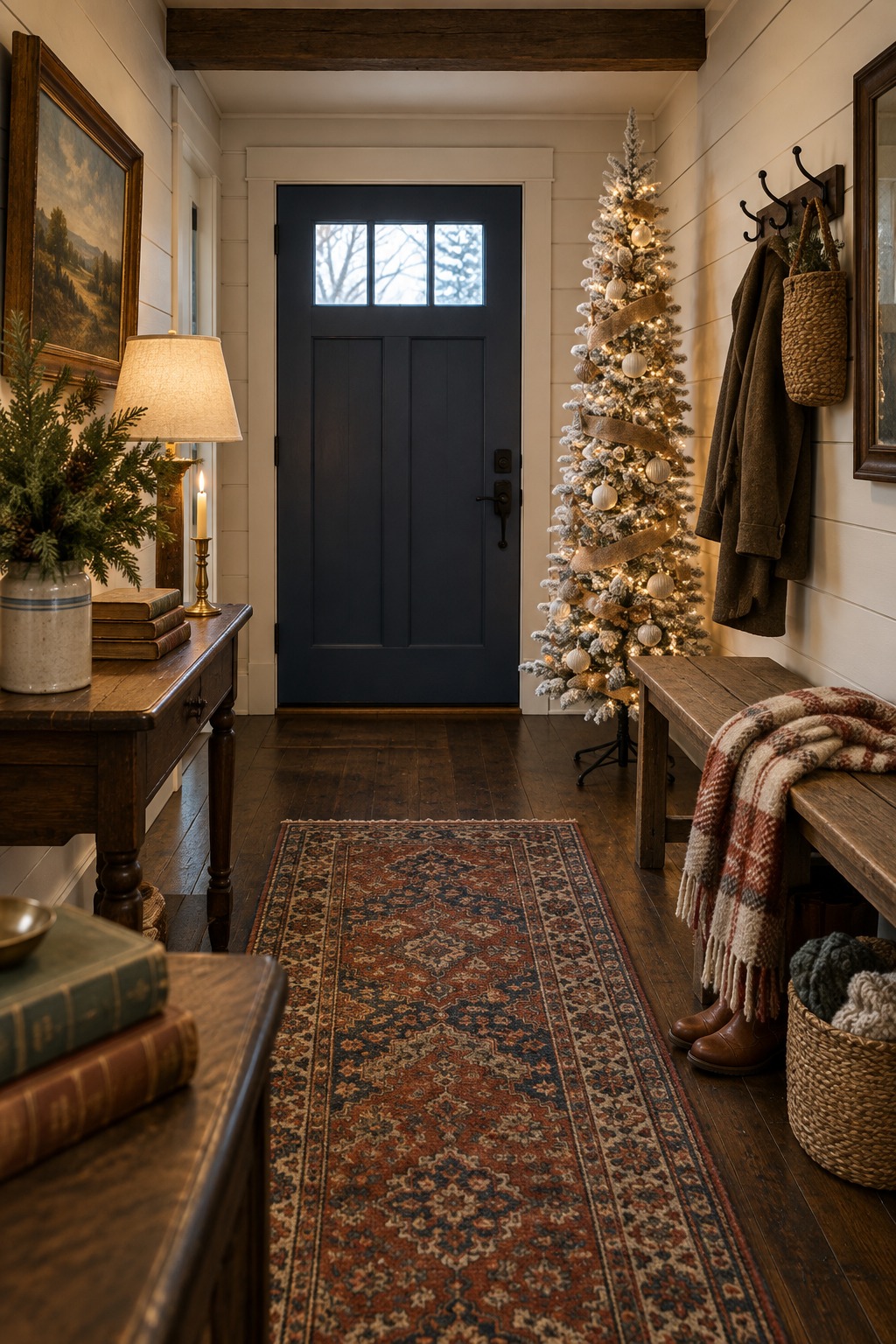 Flocked white pencil Christmas tree in a small entryway beside a bench with a wool throw and a lit lamp