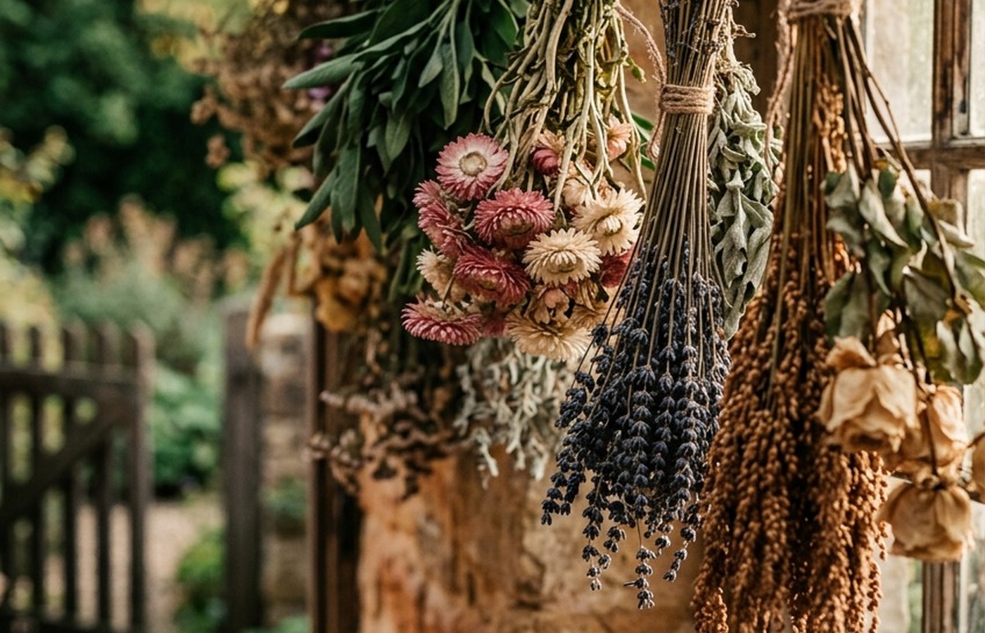 Fresh garden flowers prepared for drying on a rustic work surface