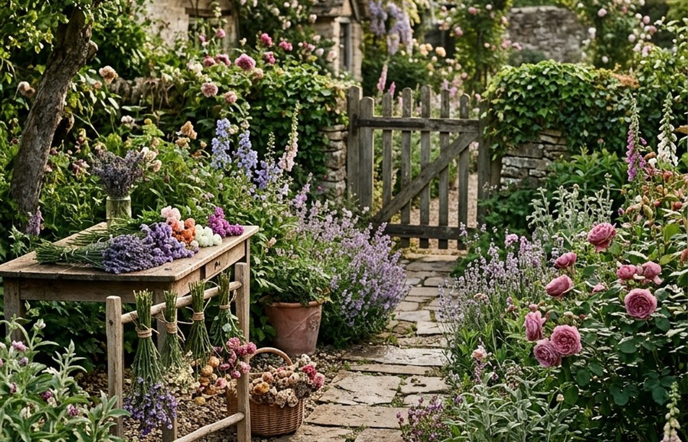 Bundles of drying flowers hanging in a warm quiet room
