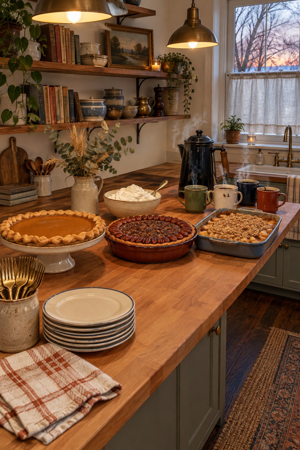 Kitchen counter after dinner with a pumpkin pie, a pecan pie and an apple crisp, a stack of small dessert plates, forks, a pot of coffee, mismatched mugs and a bowl of whipped cream
