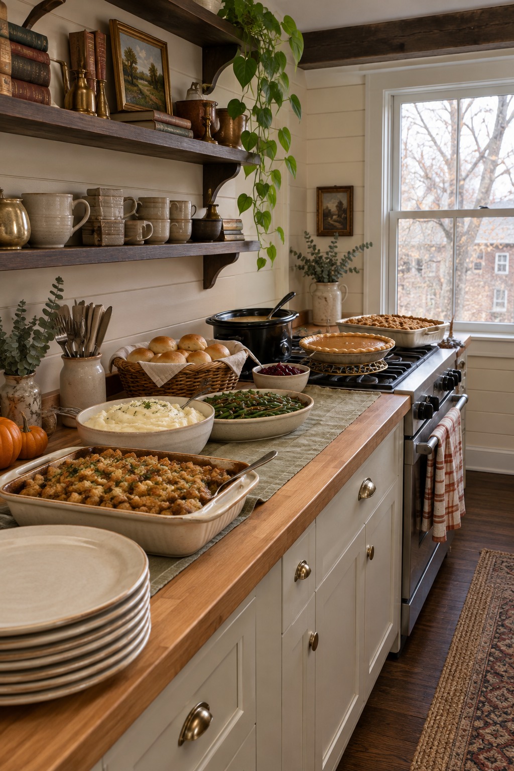 Small apartment kitchen counter set as a Friendsgiving buffet line with plates at one end, stuffing, mashed potatoes, green beans, rolls, cranberry sauce and a small slow cooker of gravy, with forks in a crock