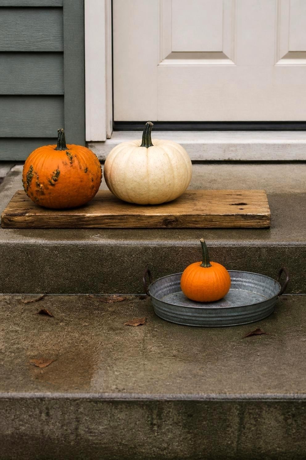 Two pumpkins sitting on a weathered cedar board laid across a damp concrete porch step, with a shallow metal tray under a third smaller pumpkin