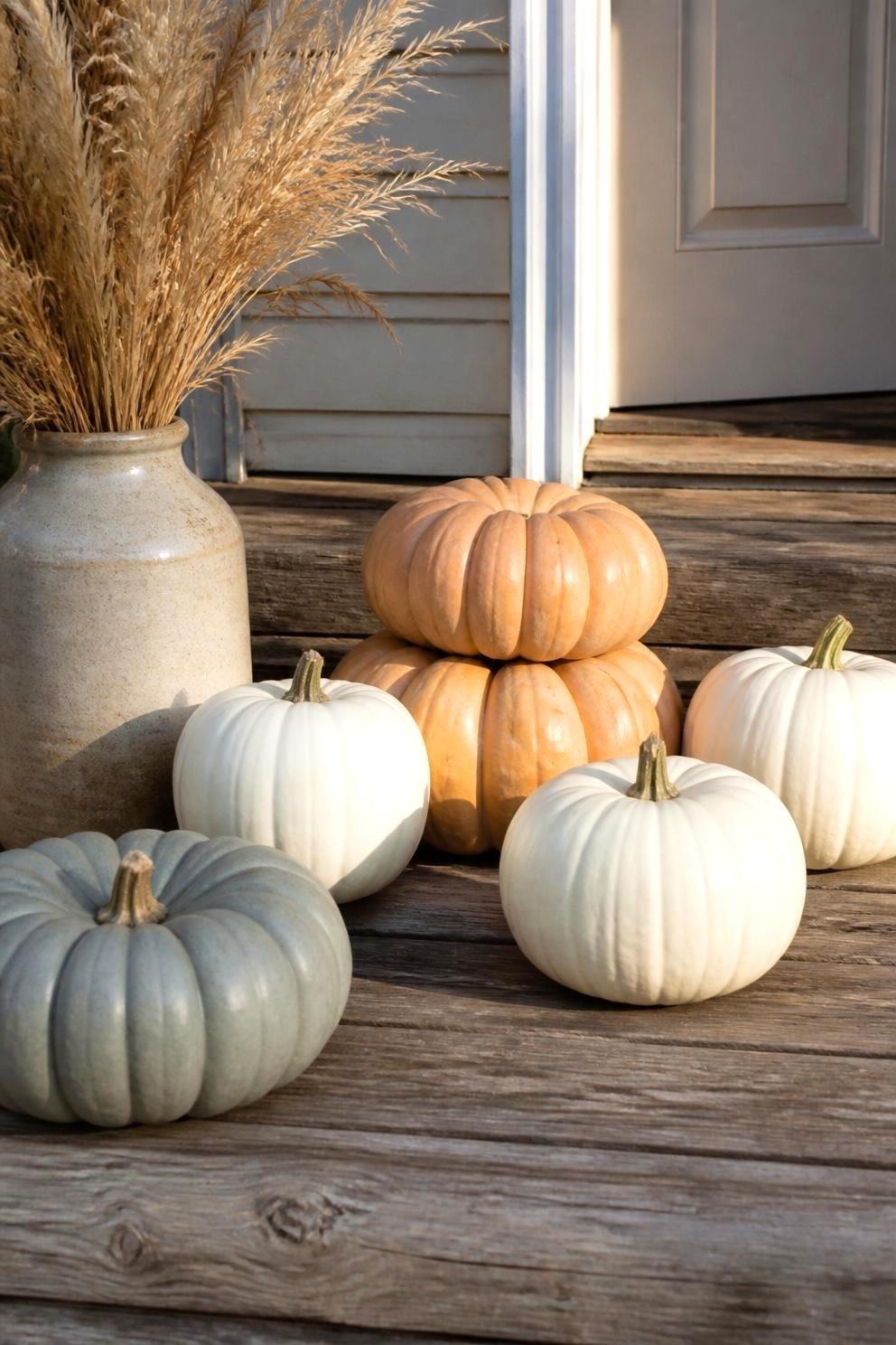 A group of white Casper pumpkins, a flat slate blue Jarrahdale, and a tan ribbed cheese-shaped pumpkin arranged on wooden porch steps beside dried grasses in a stoneware vase