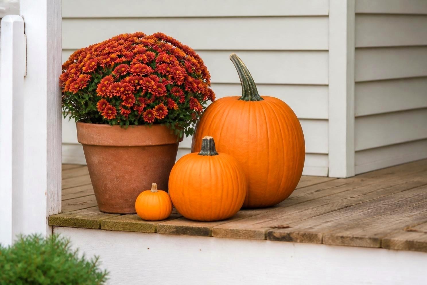 A cluster of three pumpkins in clearly different sizes grouped on the corner of a wooden front porch step beside a rust-colored mum, with a smaller white pumpkin at the base