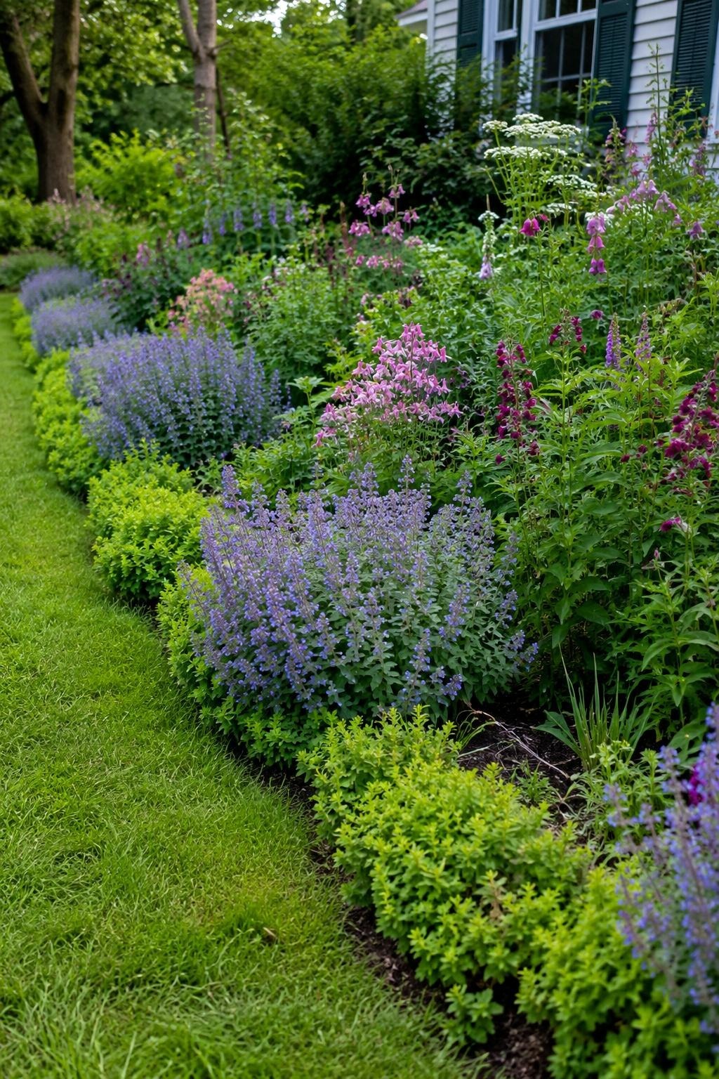 Catmint repeated at intervals along a front yard cottage garden border