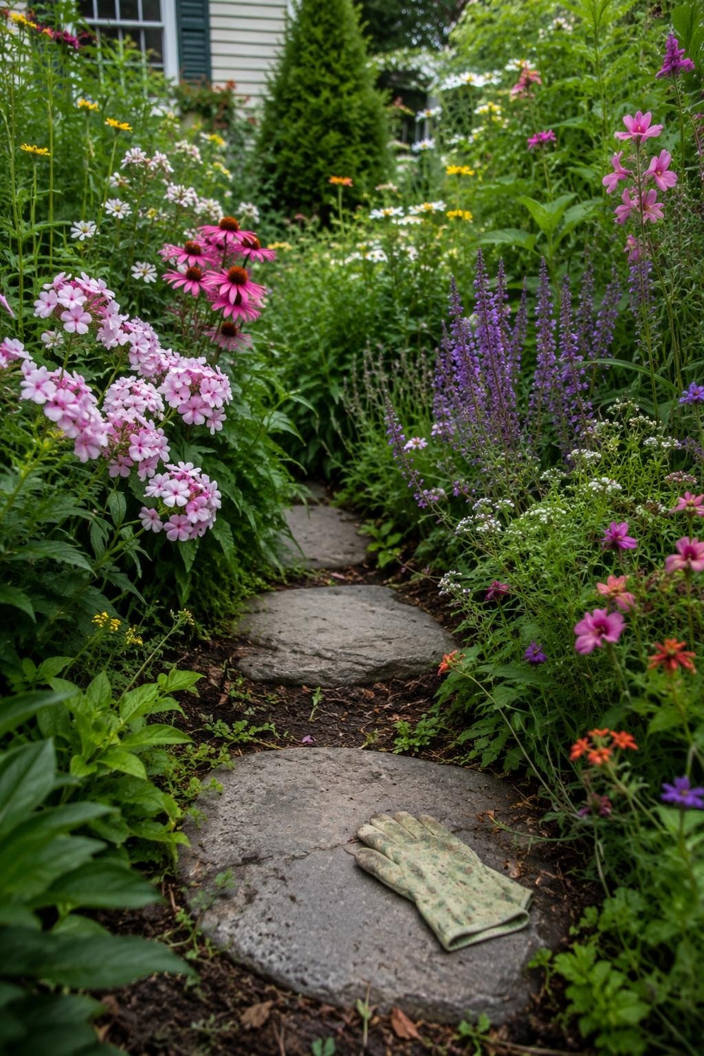 Stepping stones forming a narrow access path into a full cottage flower bed