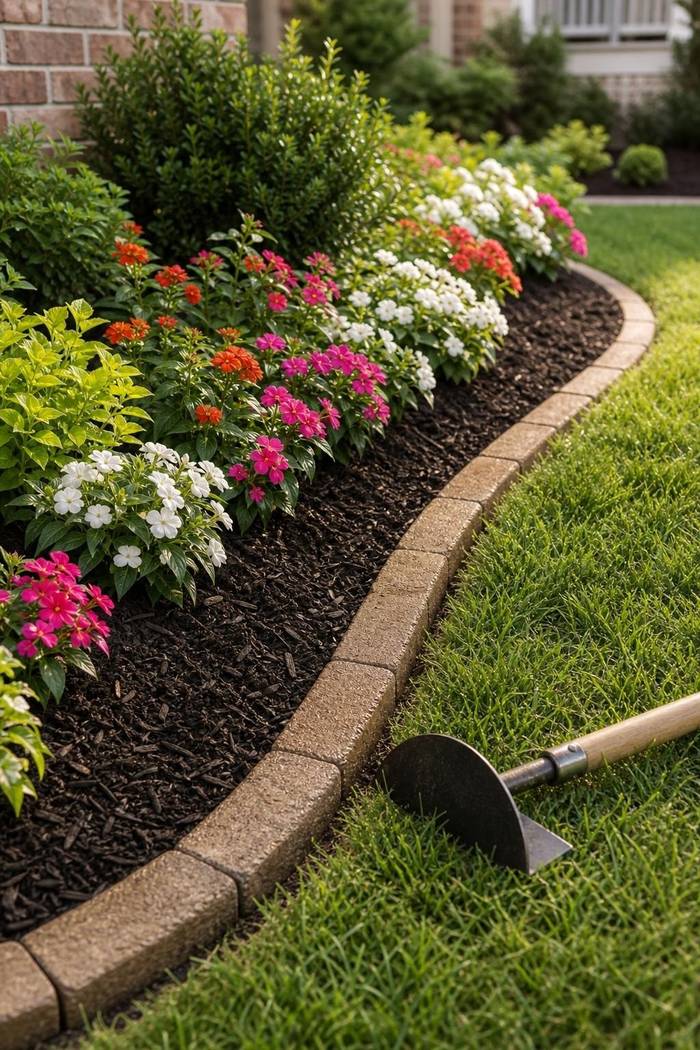 Clean curved front yard flower bed edge with mulch and low flowers