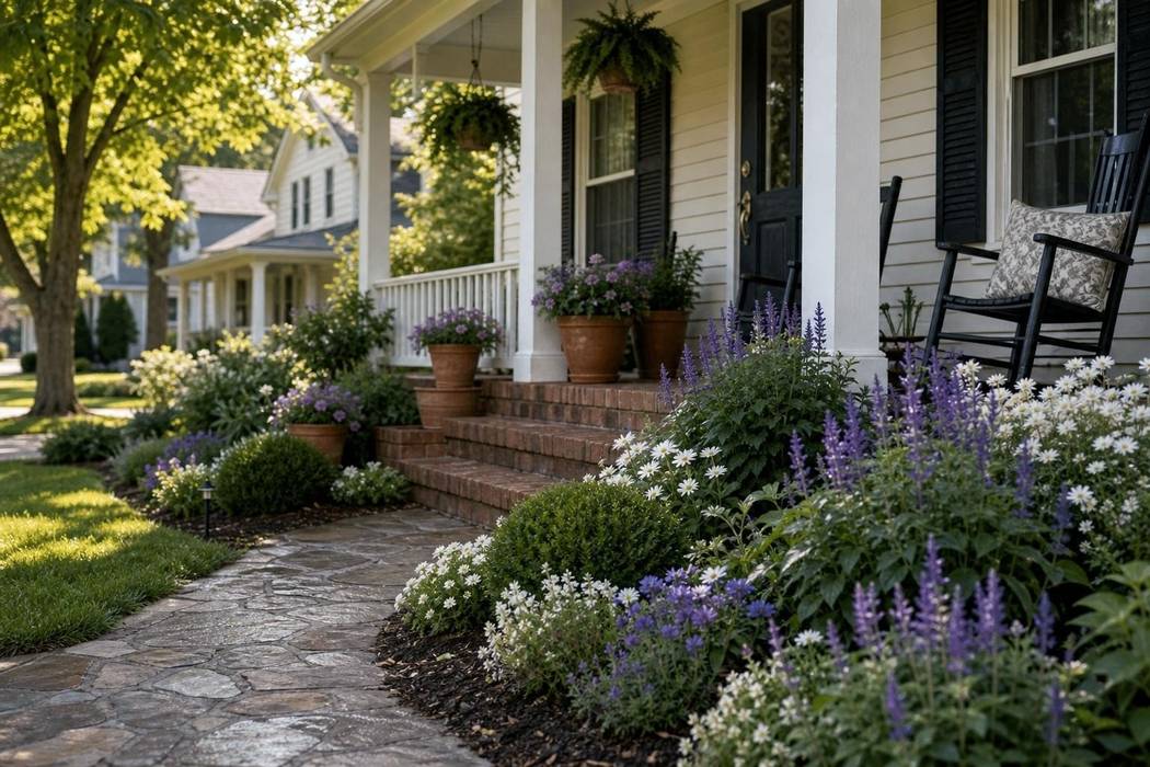 Front porch pots and walkway flowers repeating the same color near a house