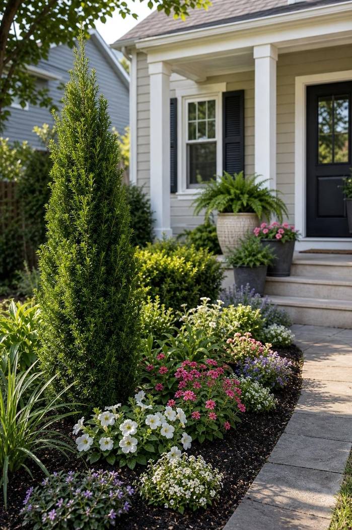 Front yard bed with one upright shrub, flowers, porch pots, and a simple path