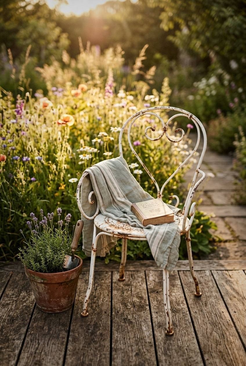 Small wooden bench tucked at the back of a perennial border with coneflowers and salvia