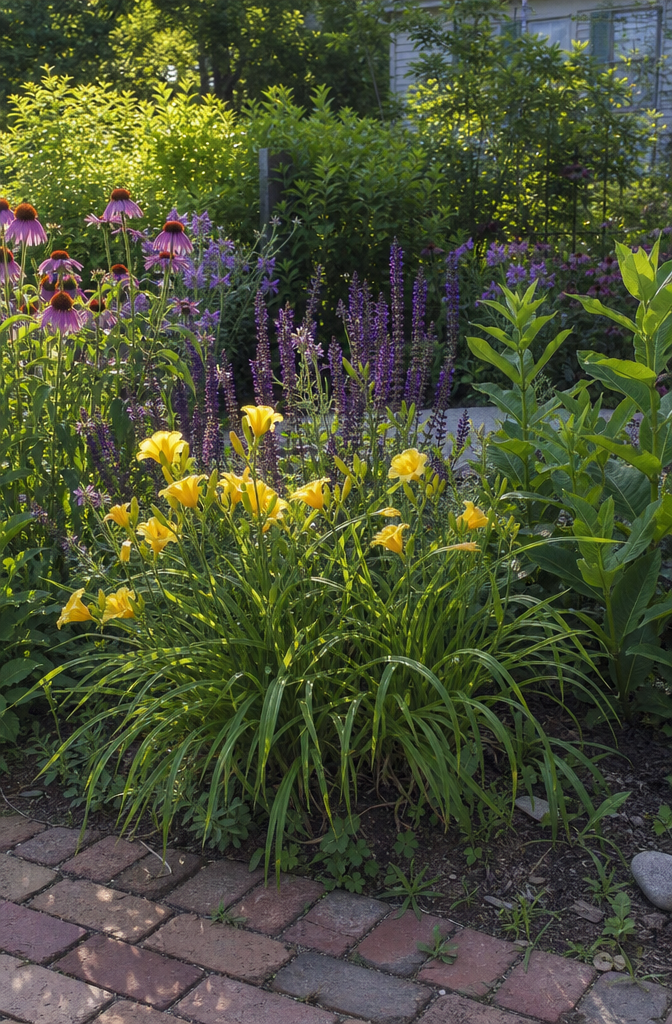 Cottage garden bed with daylilies, coneflowers, and salvia in mixed bloom on a sunny afternoon
