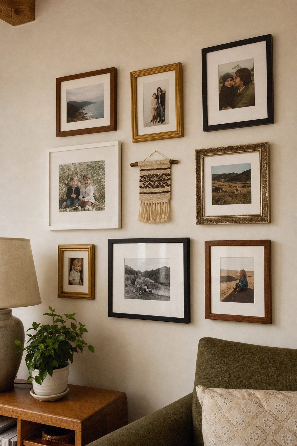 Paper frame templates taped to a wall to plan gallery wall spacing before hanging