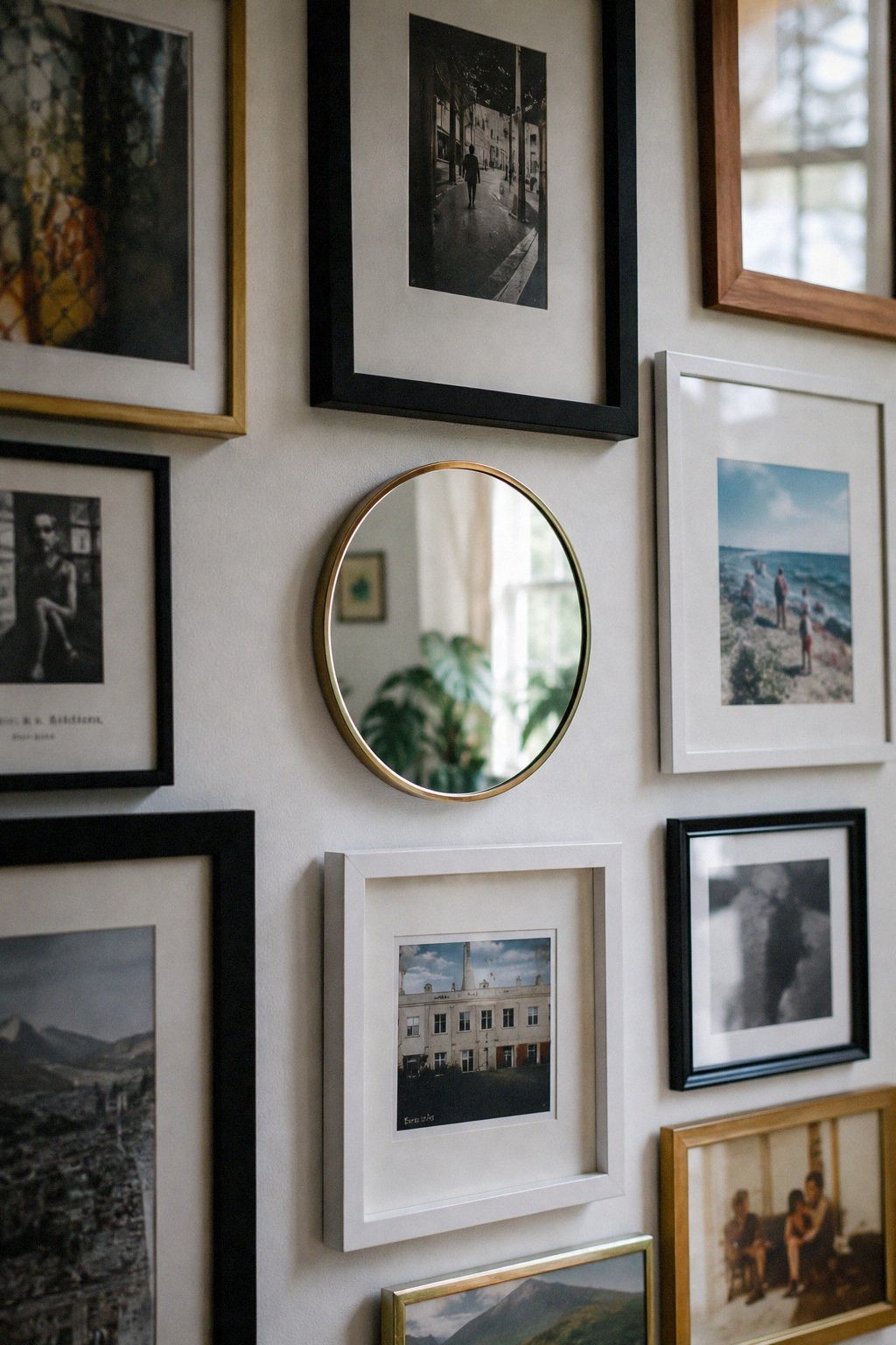 A gallery wall with mixed frame finishes, real family photos, and one small textile piece in a warm living room