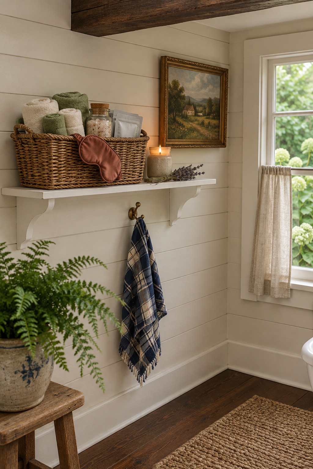 Wicker basket on a white painted bathroom shelf holding rolled towels, a jar of bath salts, sheet masks and a silk sleep mask beside a lit candle and a sprig of dried lavender