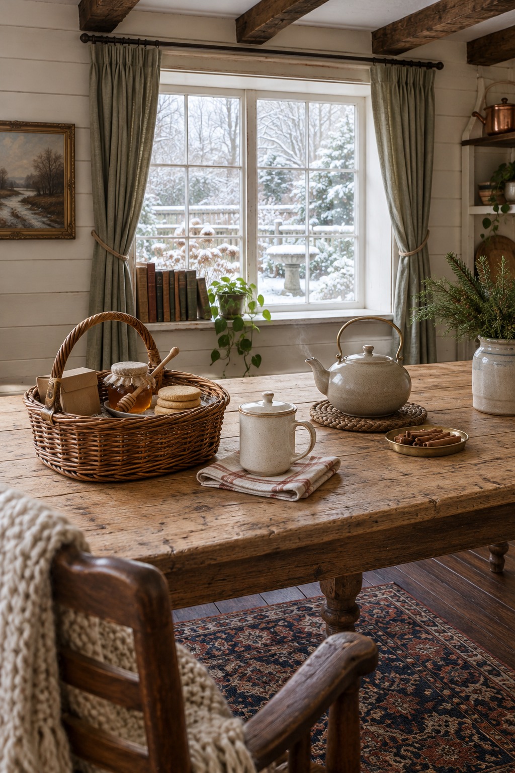 Tea basket on a farmhouse kitchen table with a ceramic mug with lid, a box of tea bags, a jar of honey and shortbread cookies, a steaming pot of tea and a window with a winter garden behind