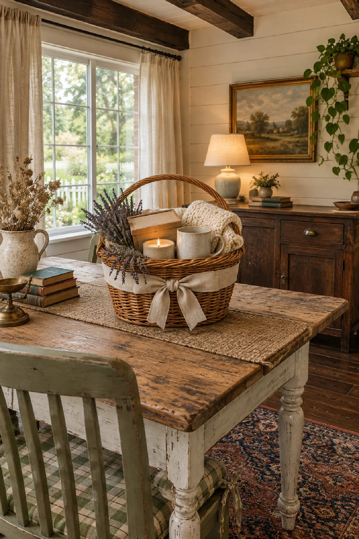 Wicker gift basket on a farmhouse kitchen table filled with a tea box, a ceramic mug, a candle, a folded cream throw and sprigs of dried lavender, wrapped with a linen ribbon, a window and a lit lamp behind