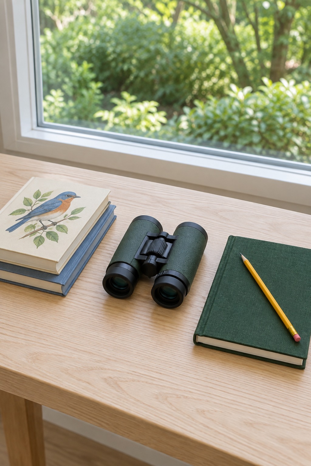 Black binoculars with green rubber armor, two hardcover bird books and a cloth journal with a pencil laid out on a pale wooden table in bright window light