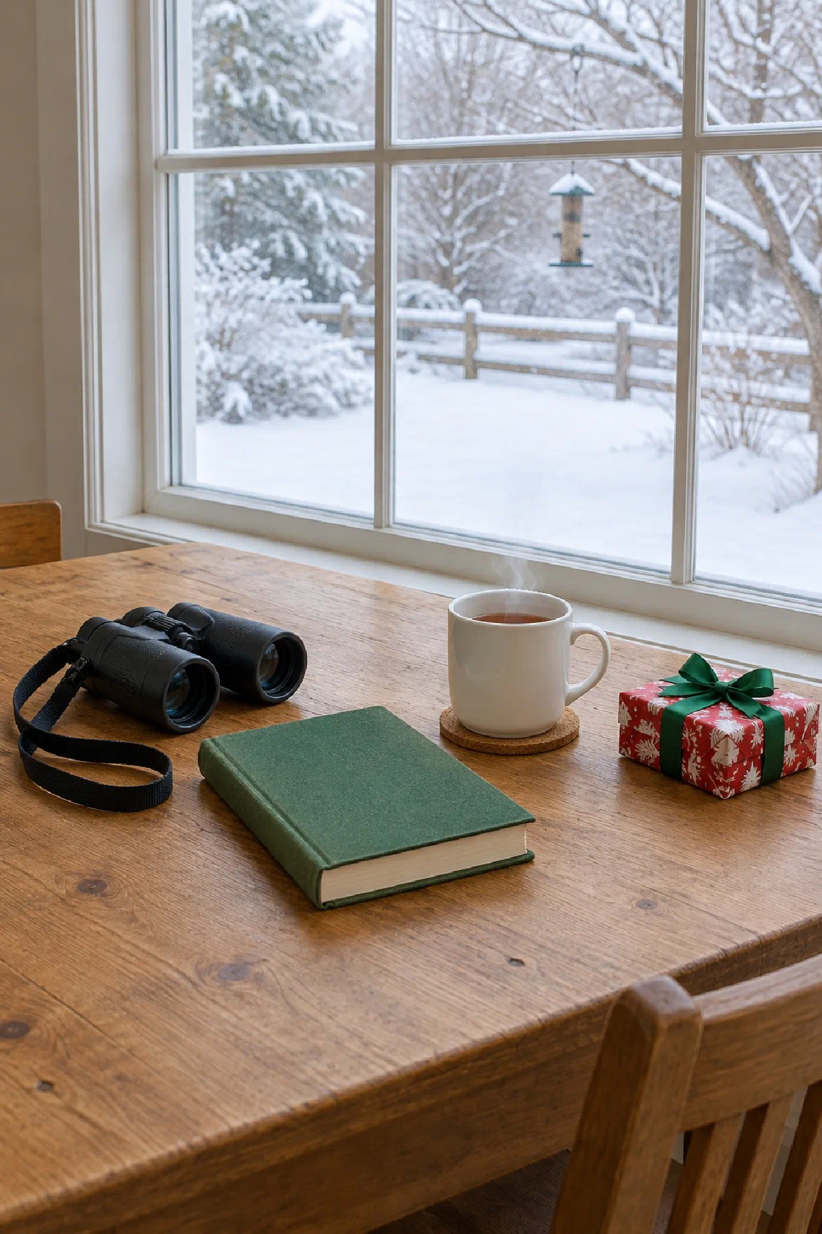Wooden kitchen table beside a bright window onto a snowy backyard, with black binoculars, a green hardcover field guide, a white mug of tea and a small gift wrapped in red and white Christmas paper