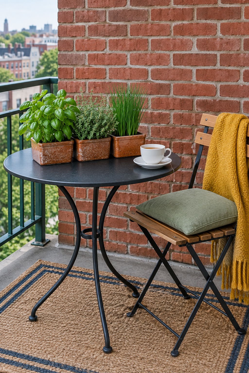 Three narrow herb planters with basil, thyme and chives in a row on a small balcony table beside a folding chair and a cup of tea