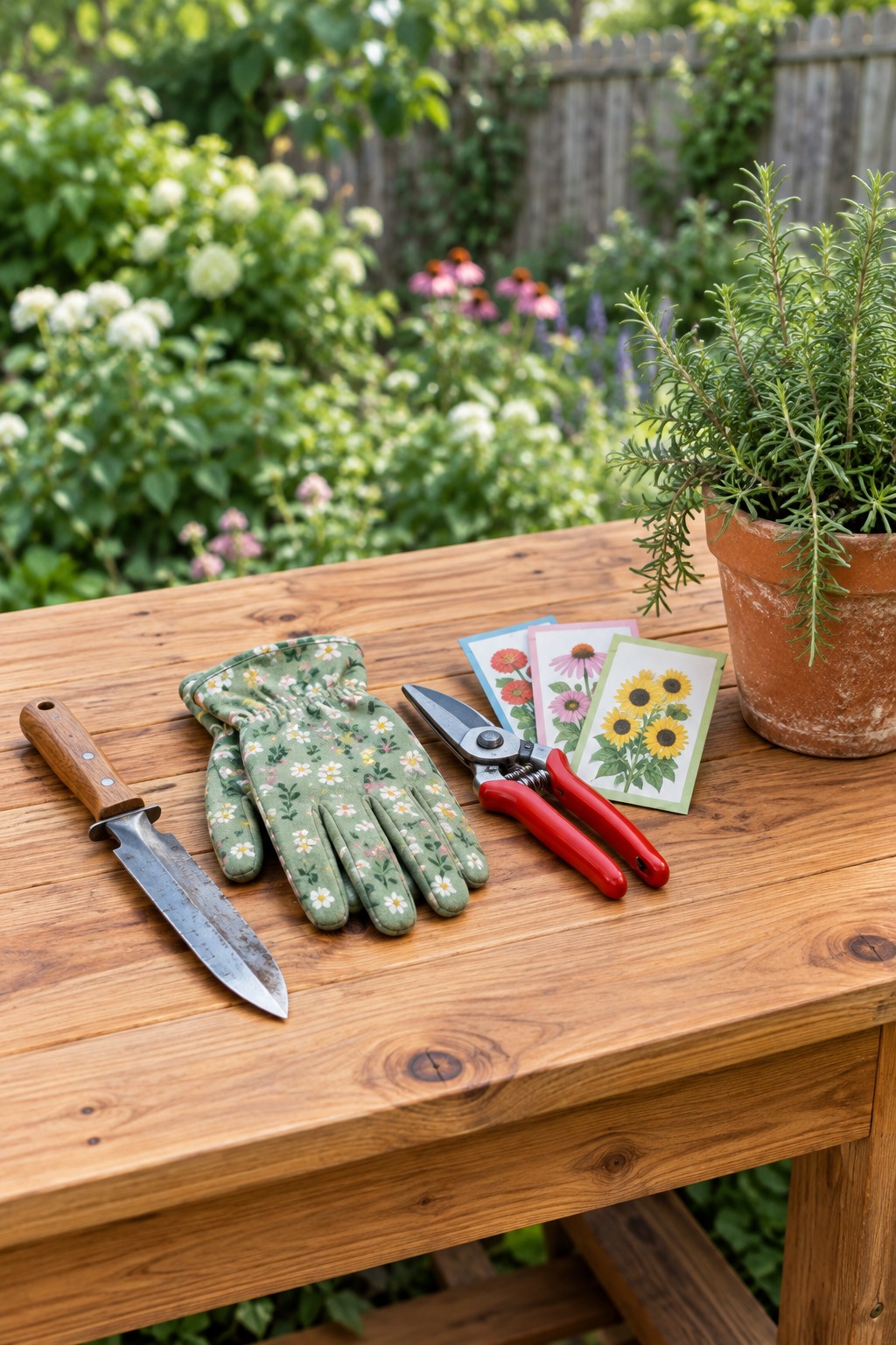 Wooden potting table with a pair of bypass pruners, a wooden-handled garden knife, floral gloves and a tin of seed packets in a bright farmhouse garden shed