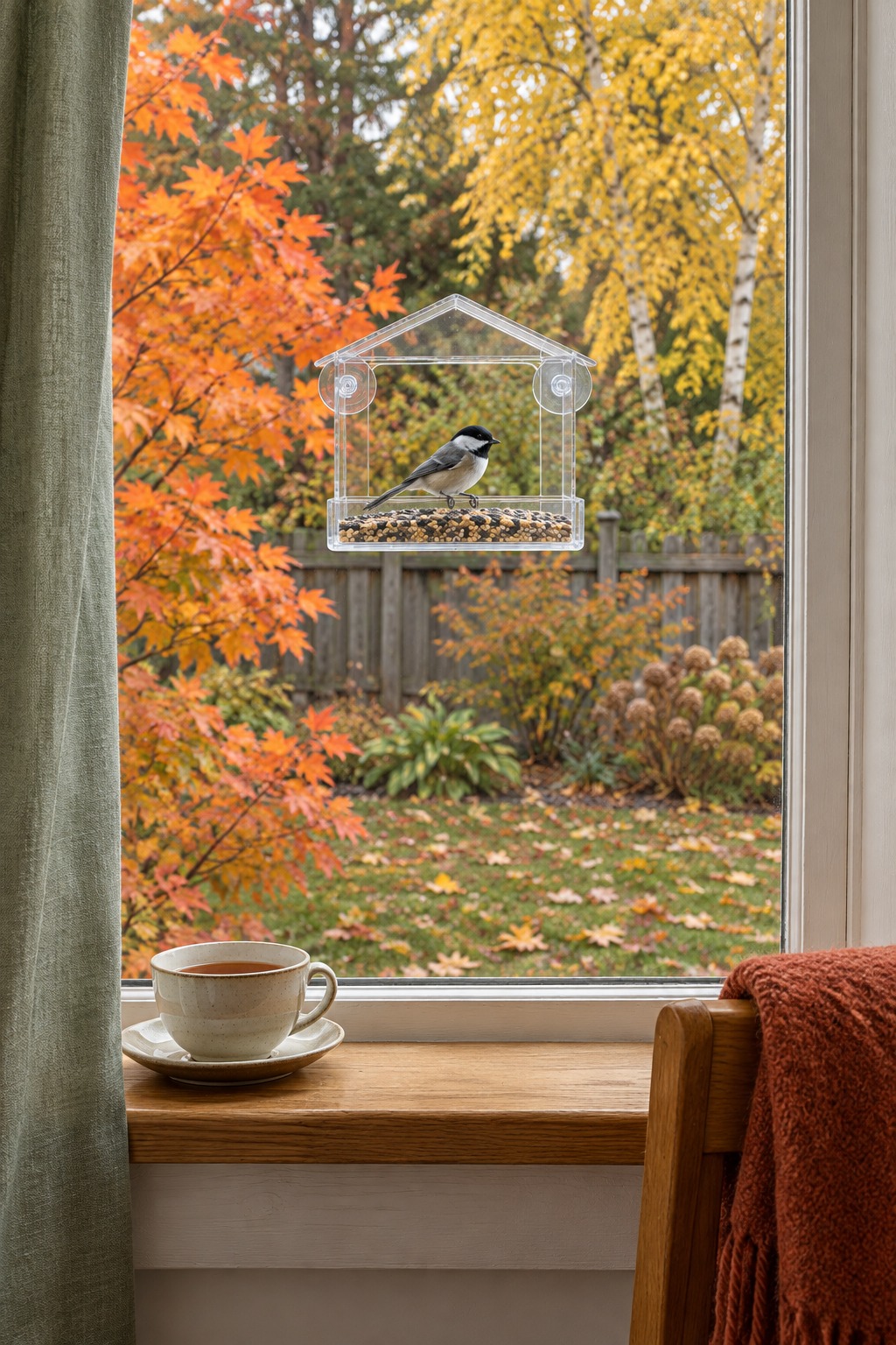 Clear acrylic window bird feeder stuck to a kitchen window with a chickadee on the tray and a cup of tea on the sill
