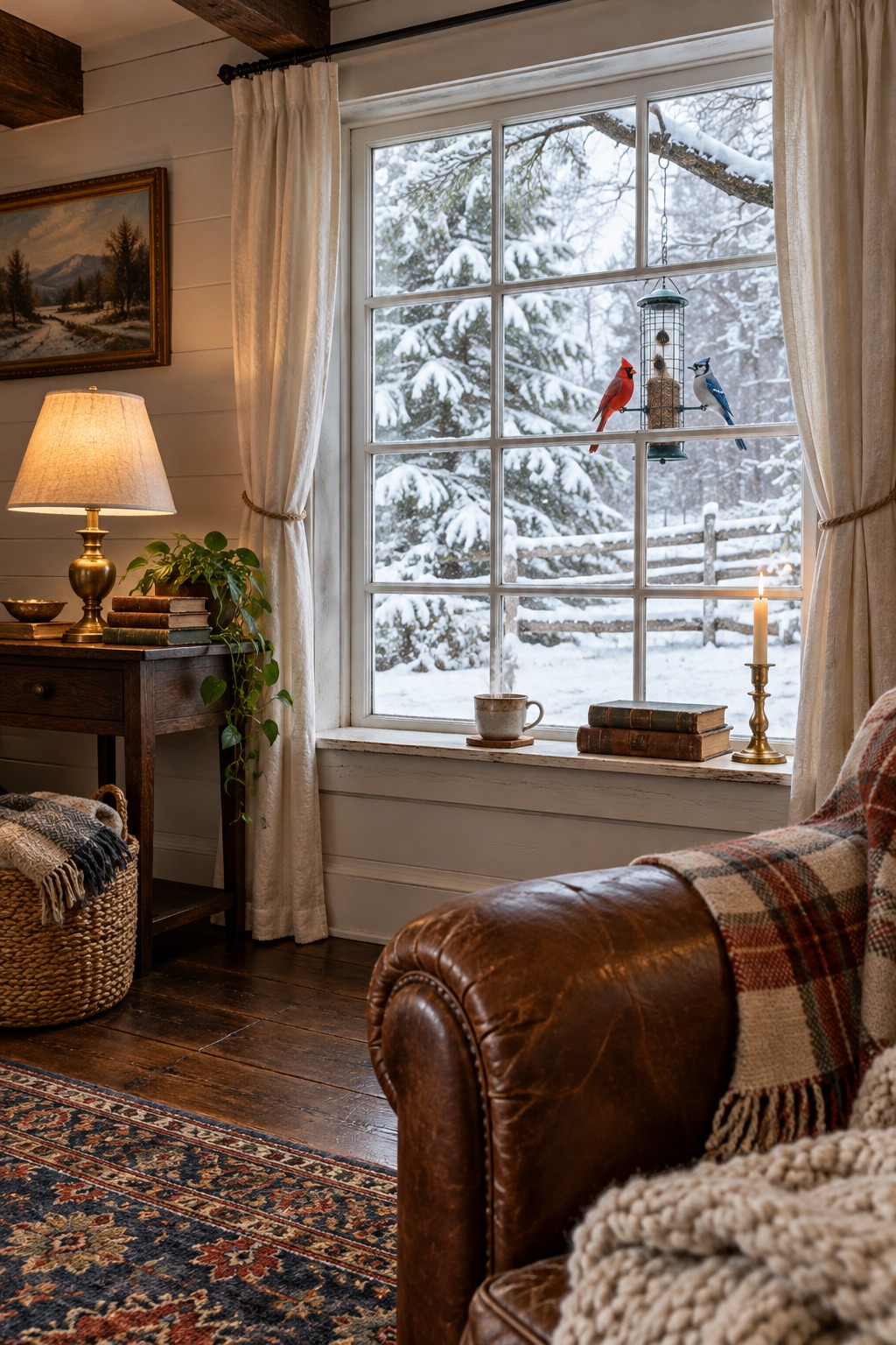 Snowy view through a farmhouse window with a red cardinal and a blue jay at a hanging bird feeder, a cup of tea and a lit candle on the sill and a leather armchair with a plaid throw inside
