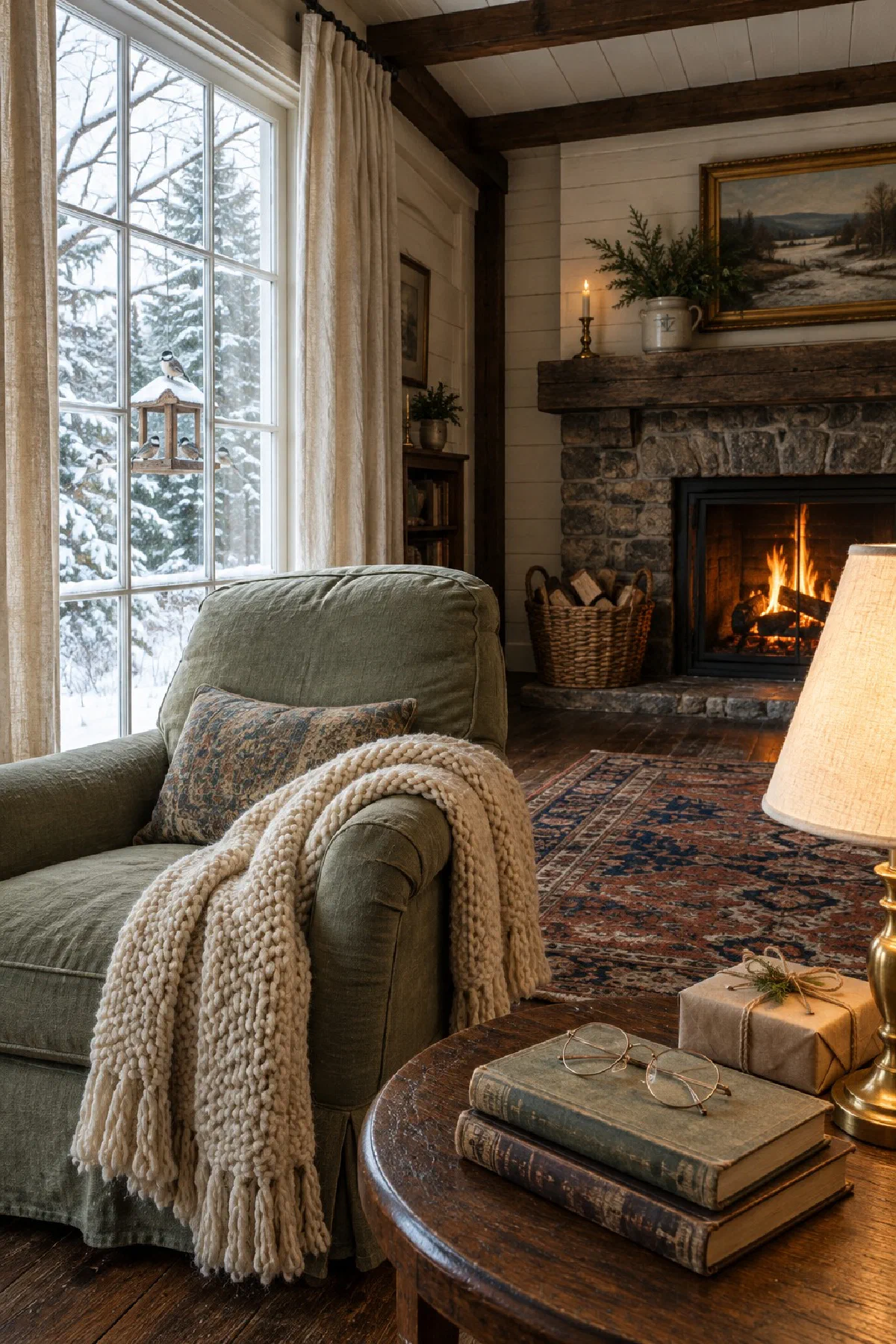 Farmhouse living room in winter with a green armchair and a cream knit throw by a snowy window, a small gift wrapped in brown paper and twine on the side table beside books and reading glasses, a lit lamp and a fire in the stone fireplace, a gift idea for grandma's favorite chair