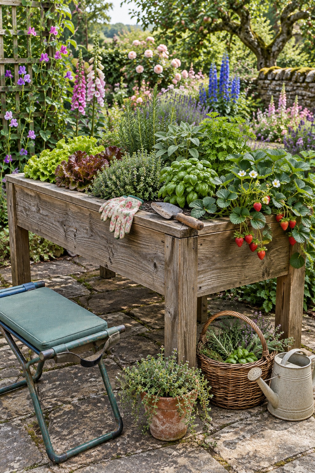 Waist-high wooden raised garden bed on legs planted with herbs, lettuce and strawberries, with floral gardening gloves and a trowel on the edge and a folding garden kneeler seat on the stone patio