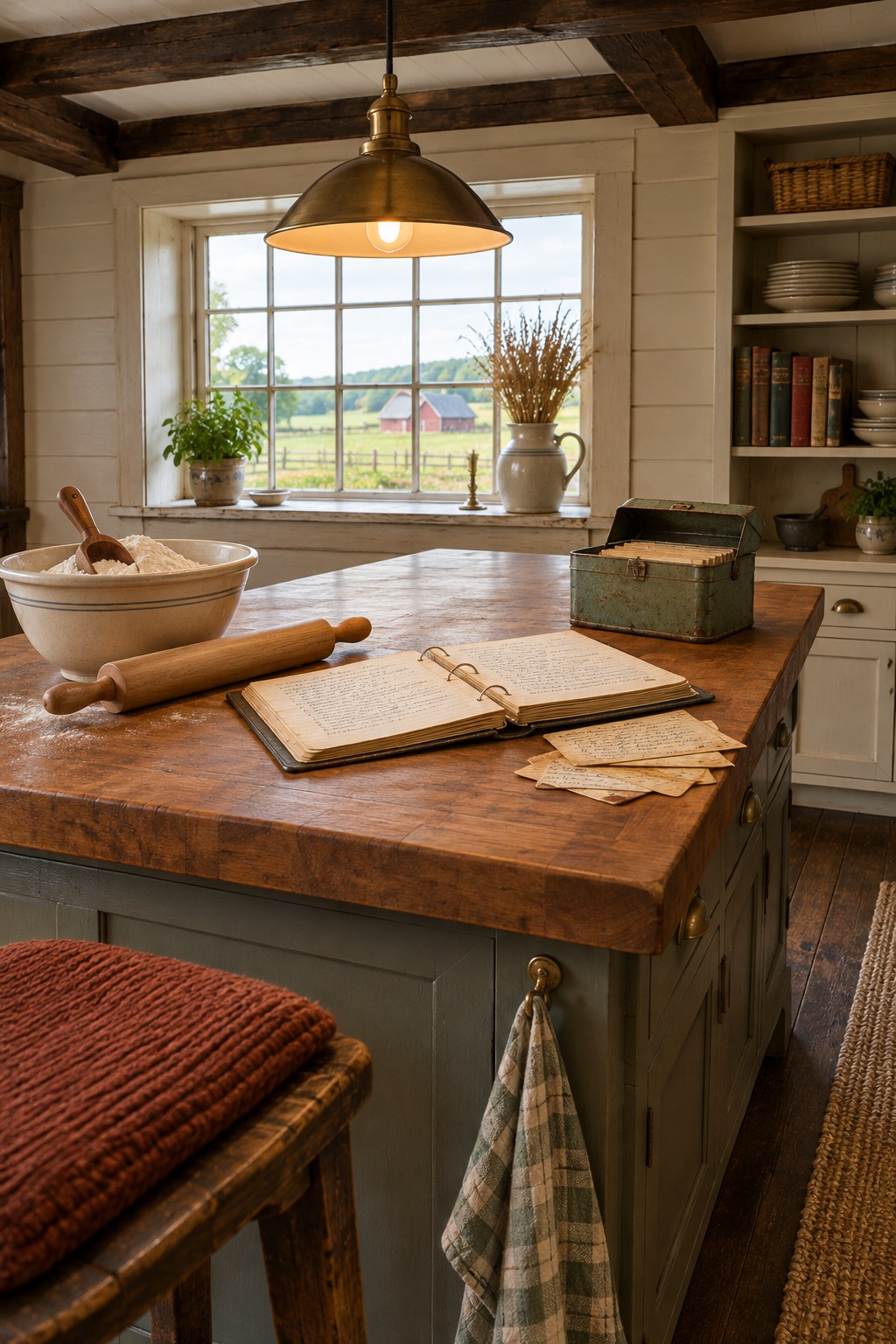 Farmhouse kitchen island with an open recipe binder, old handwritten recipe cards, a tin recipe box, a rolling pin and a bowl of flour under a lit brass pendant lamp