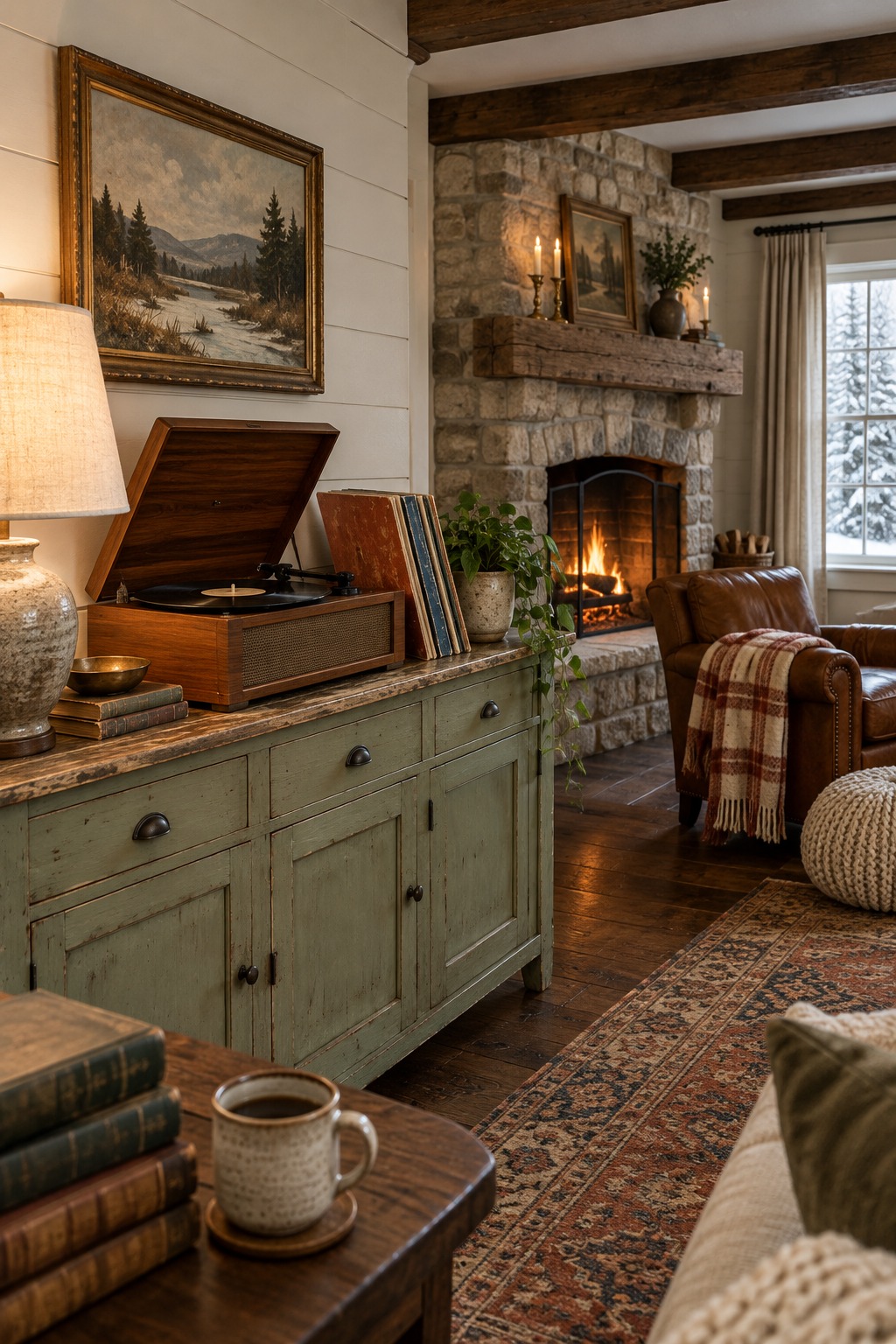 Wooden record player with its lid open on a painted farmhouse sideboard, old record albums stacked beside it, a lit lamp and a fire going in the stone fireplace behind