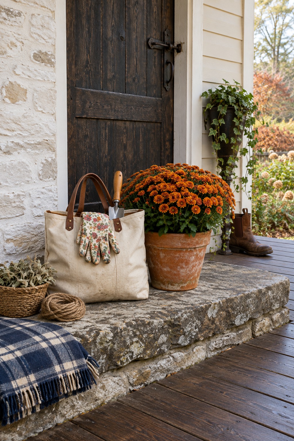 Canvas garden tote with a trowel, pruning shears and floral gloves on a stone step by a farmhouse back door, a pot of mums beside it