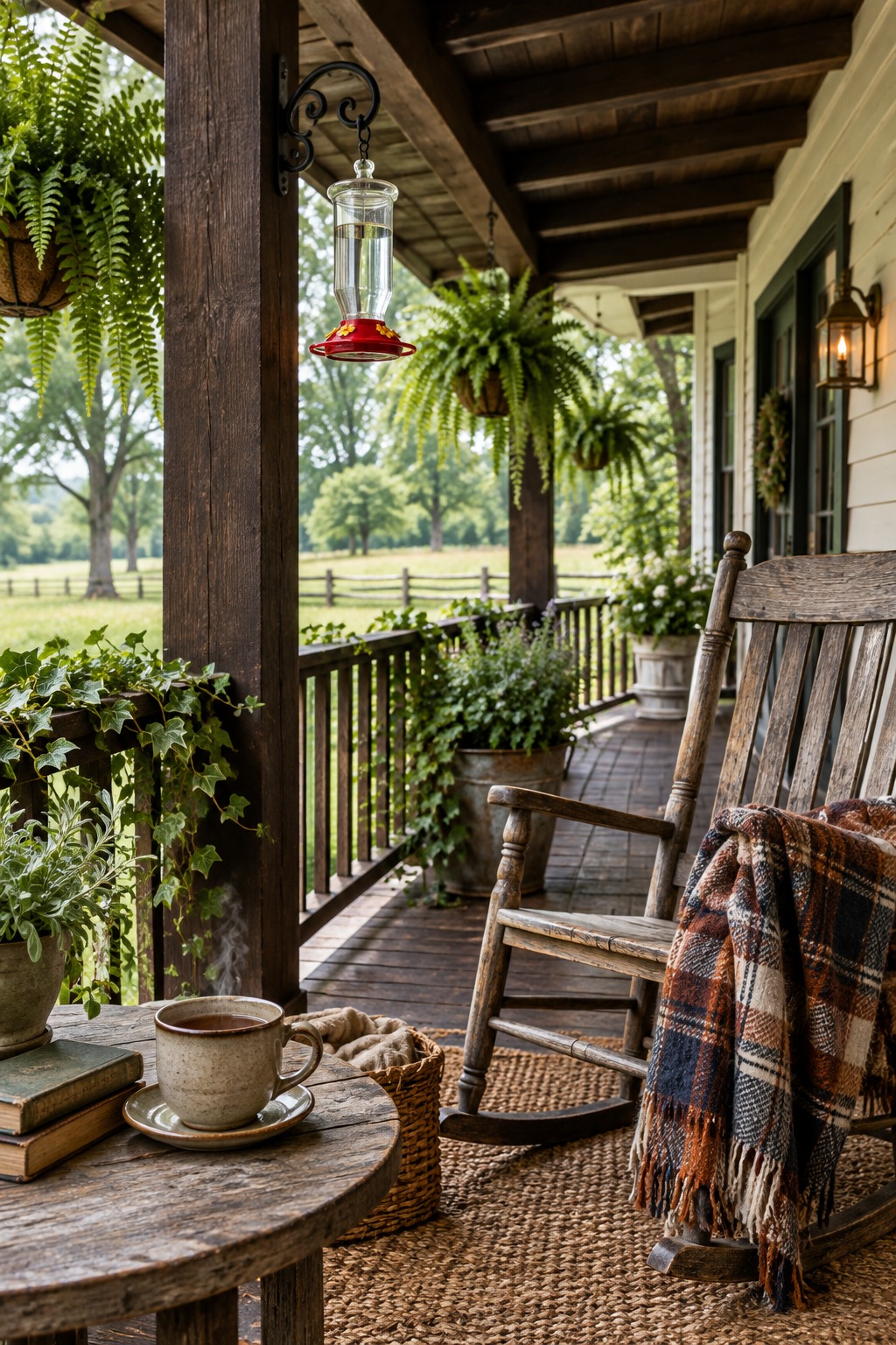 Glass hummingbird feeder hanging from a covered farmhouse porch beside a rocking chair with a plaid throw and a cup of tea on a small table