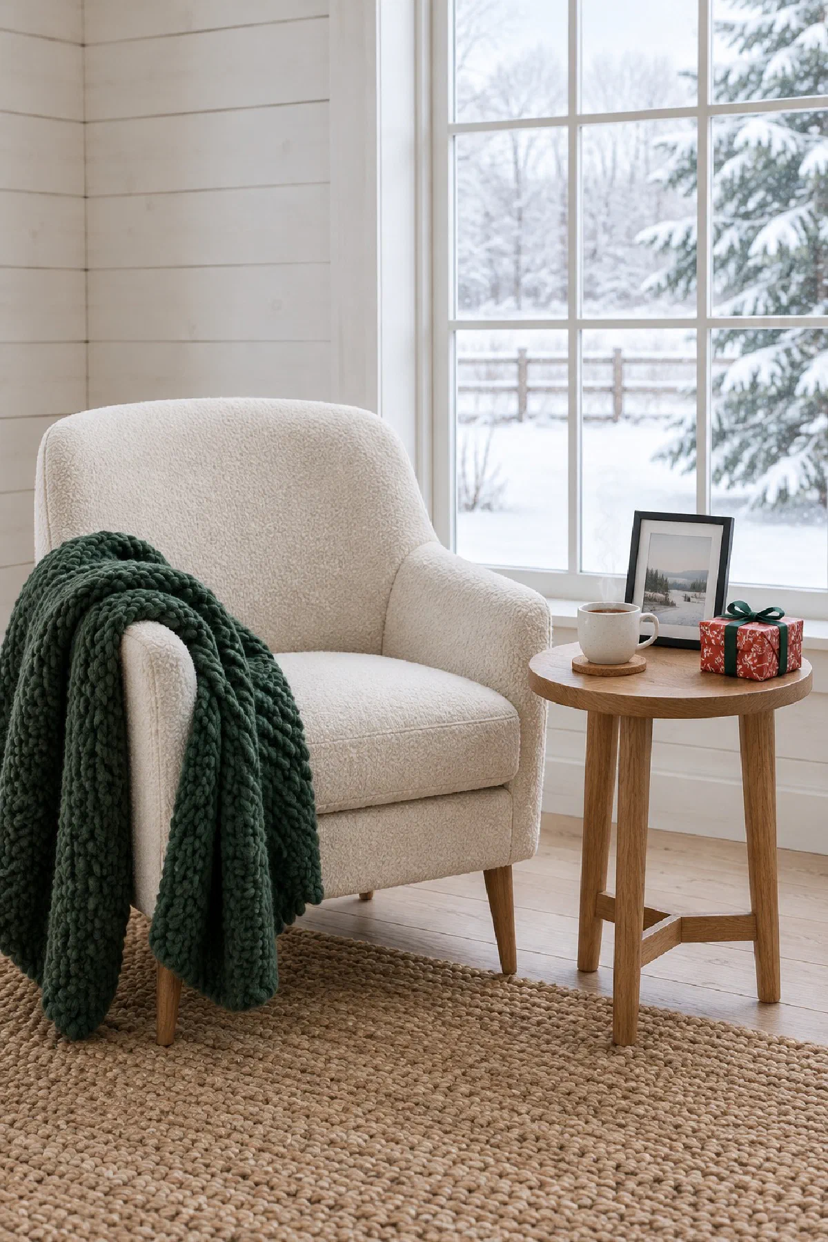 Cream armchair in a bright farmhouse sitting room with a deep green knit throw over the arm, a small oak side table holding a framed photograph and a cup of tea, and a small gift wrapped in red and white Christmas paper, with snow outside the window