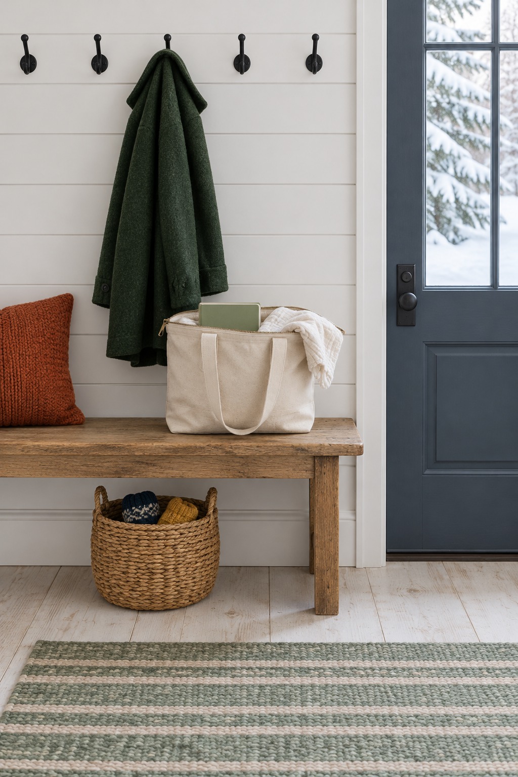 Bright farmhouse entryway with an oak bench holding a natural canvas tote bag packed with a board book and a cream muslin blanket, a deep green wool coat on a peg above it and snow visible through the front door glass