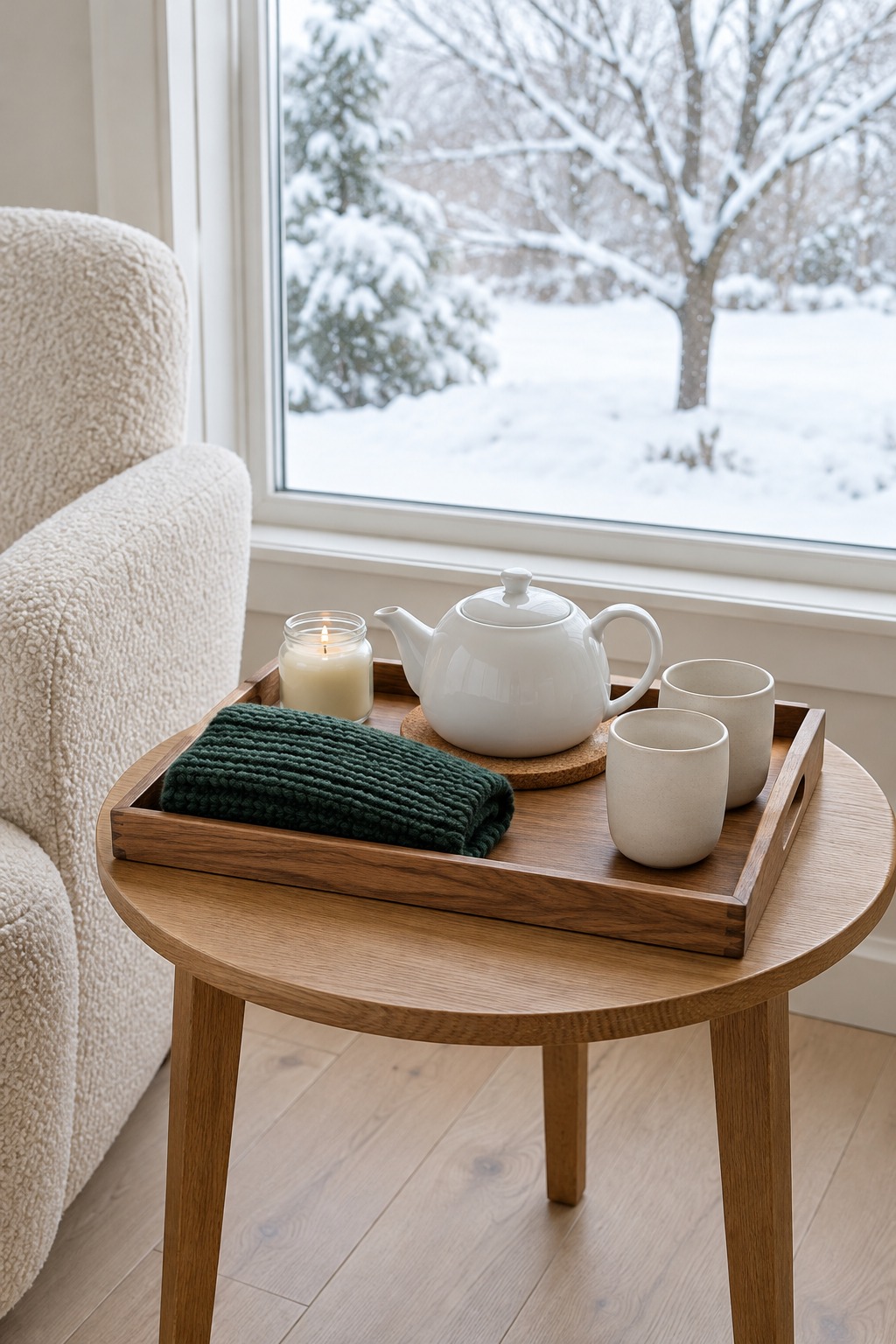 Wooden tray on an oak side table beside a cream armchair, holding a white teapot, two cream stoneware cups, a small glass-jar candle and a folded deep green knit throw, with a snowy yard in the window behind