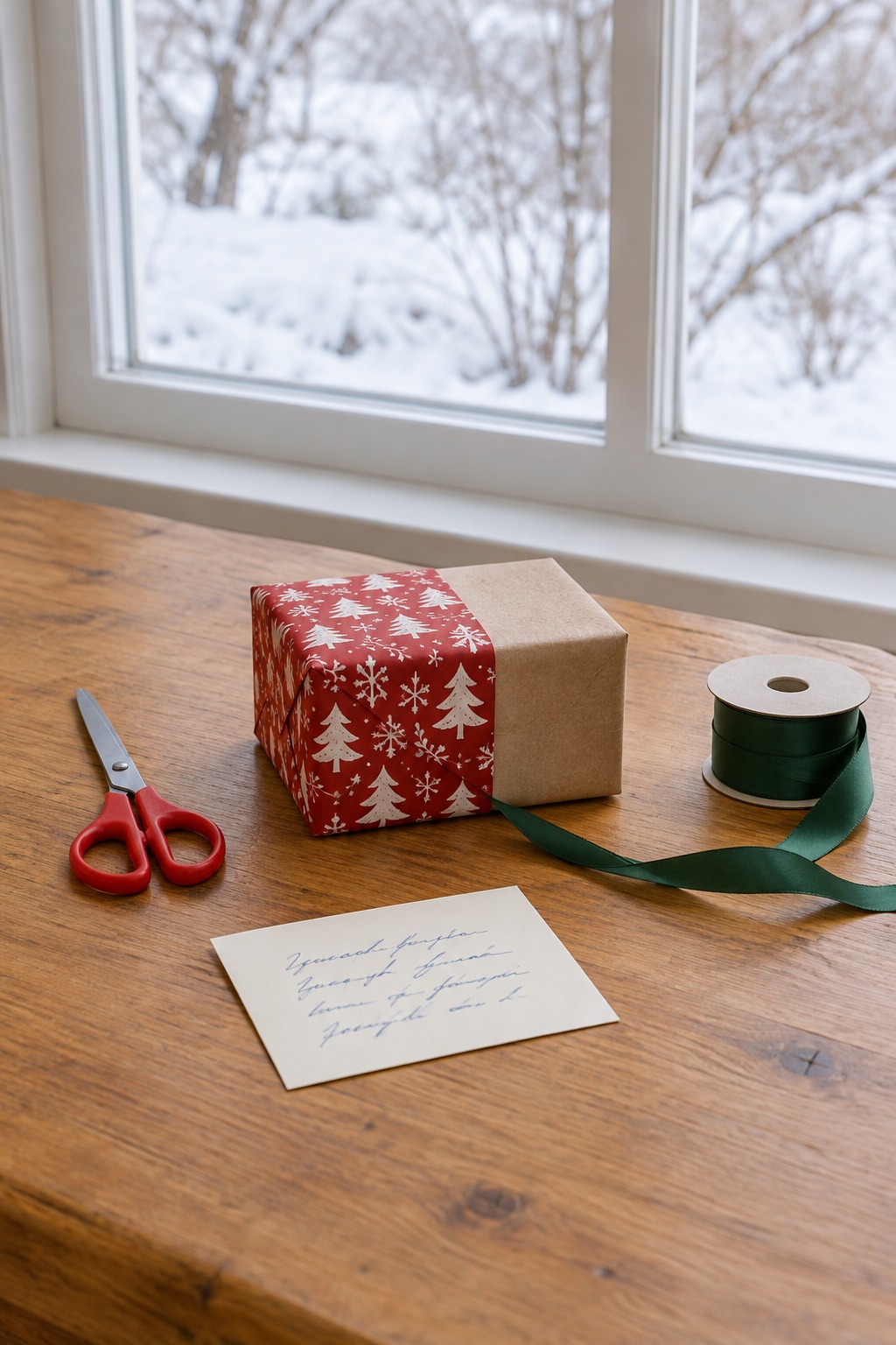 Kitchen table in bright daylight with a small gift half wrapped in red and white Christmas paper, a spool of forest green ribbon, scissors and a handwritten card, with a window showing snow behind